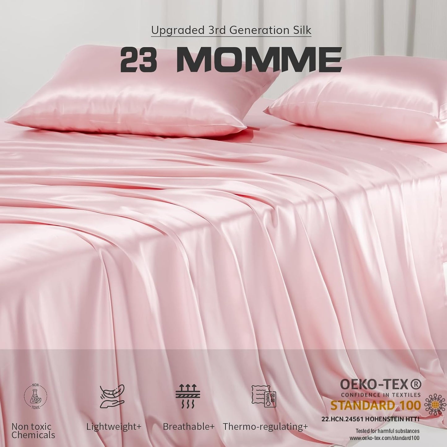 PROMEED Upgraded 23 Momme Pink Silk Sheets Queen Size Set 4 Pieces, Natural Mulberry Silk Cooling Bed Sheets and Pillowcase Sets (Pink, Queen)