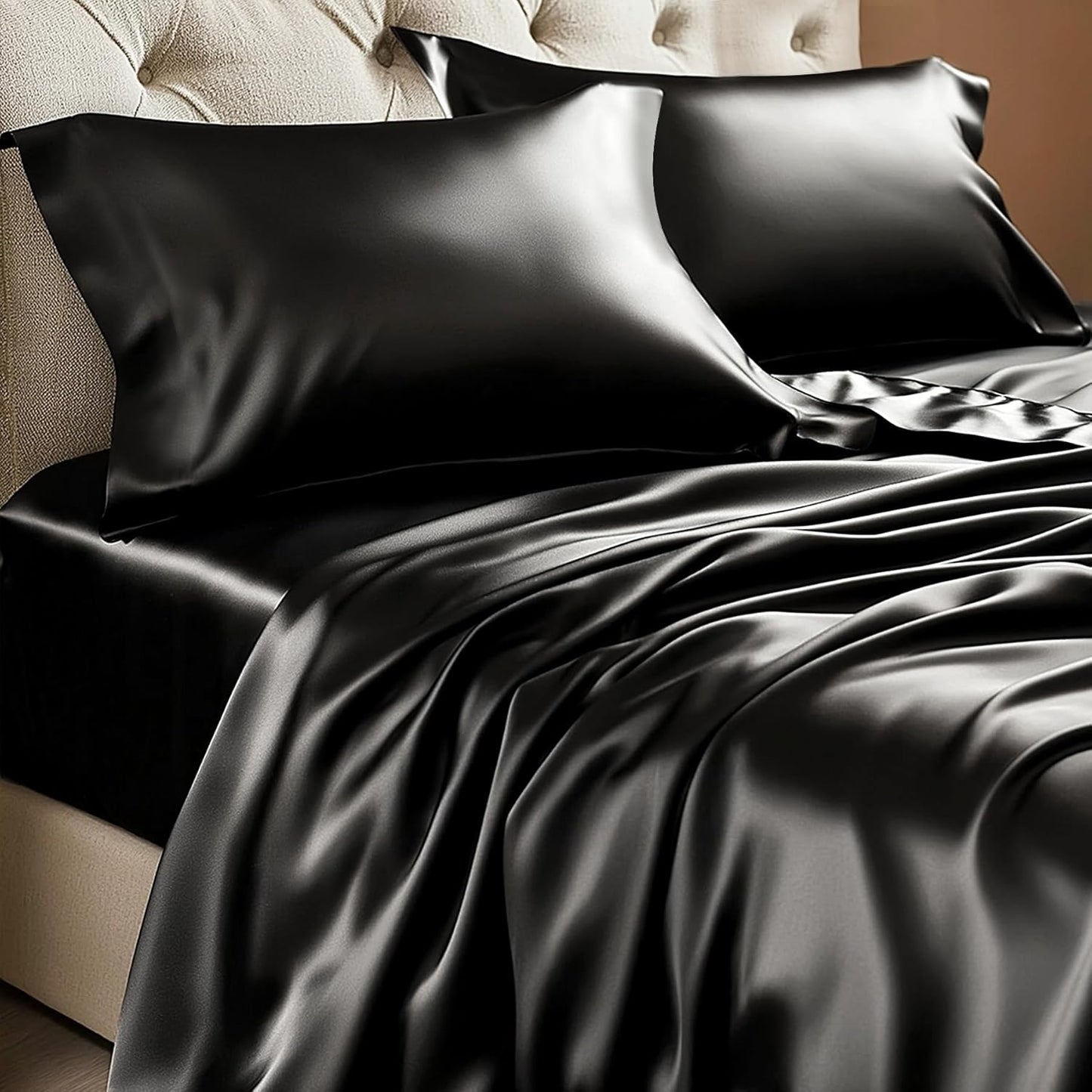 BEDELITE King Size Sheets Set, Luxury Soft Dark Grey Satin Sheets for Hair and Skin, Similar to Silk Bed Sheets Set 4 Pieces with 1 Deep Pocket Fitted Sheet, 1 Flat Sheet, and 2 Pillowcases