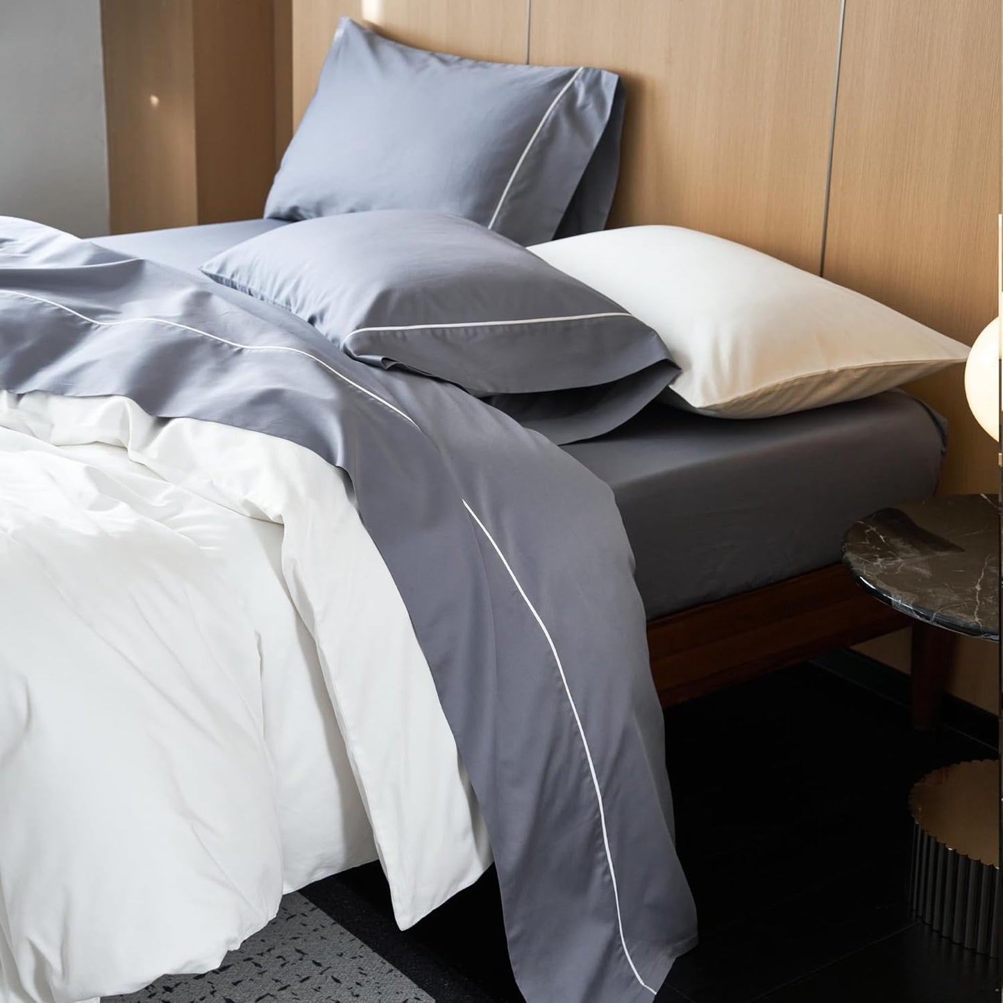 MooMee Queen Sheet Set, 100% Extra Long Staple Cotton 600TC Sateen Weave Cooling Breathable Silky Soft Luxury Hotel Quality Bed Sheets with 17" Deep Pocket - 4 Piece (Blueish Grey, Queen)