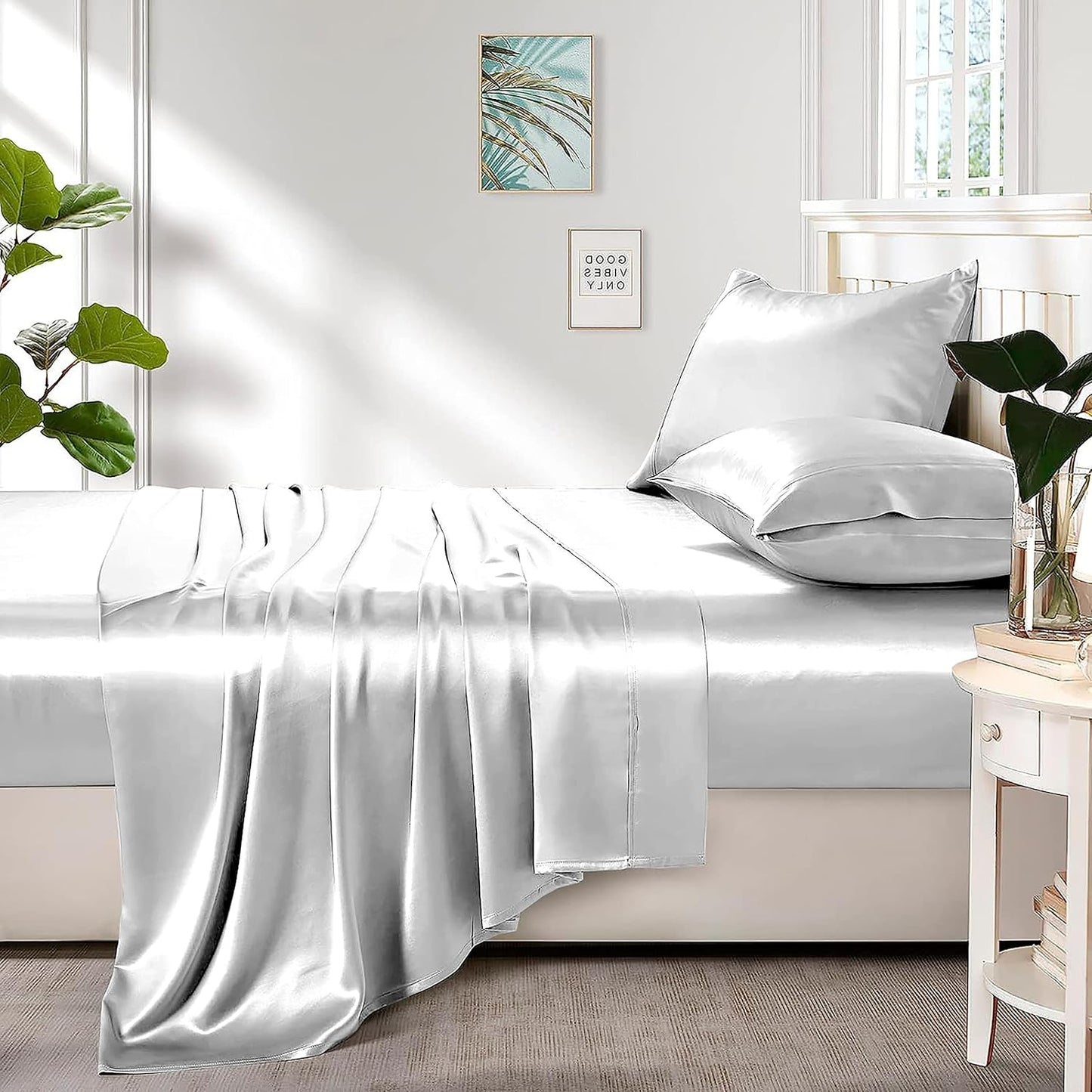 Pure Eco Silk Satin BedSheet Set 4 Piece Full XL Size (54x80)+ 16 Inch Deep Pocket White Color Cooling Soft and Silk Satin Sheets Full XL Size Bedding Set