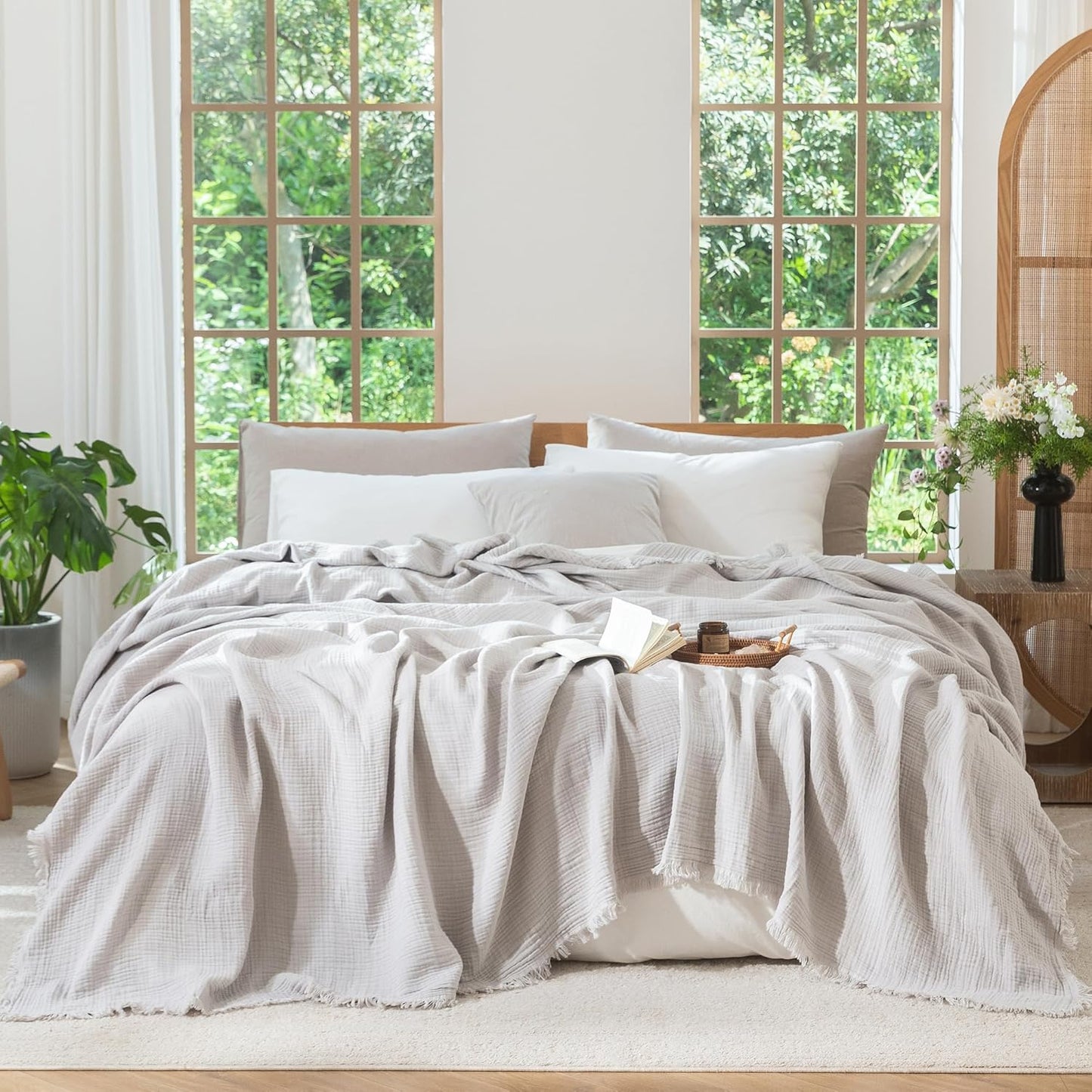 MooMee Muslin Blanket - 100% Cotton 4-Layer Gauze Throw Blanket with All-Around Fringe, Ultra-Soft Breathable Lightweight Cooling Decorative for Bed, Sofa & Couch (Drak Orange,Twin XL 66" x 90")