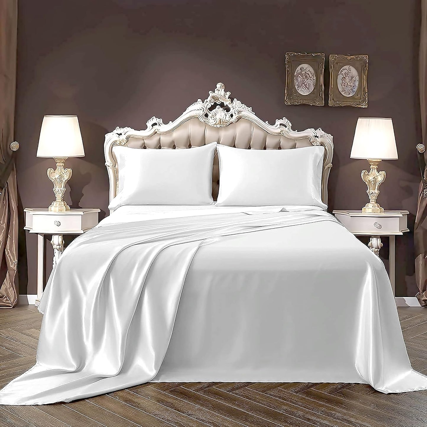 Pure Eco Silk Satin BedSheet Set 4 Piece Full XL Size (54x80)+ 16 Inch Deep Pocket White Color Cooling Soft and Silk Satin Sheets Full XL Size Bedding Set