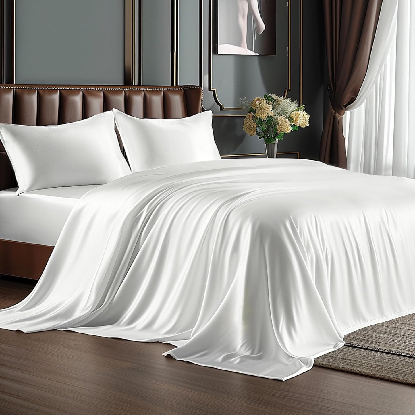 BEDELITE King Size Sheets Set, Luxury Soft Dark Grey Satin Sheets for Hair and Skin, Similar to Silk Bed Sheets Set 4 Pieces with 1 Deep Pocket Fitted Sheet, 1 Flat Sheet, and 2 Pillowcases