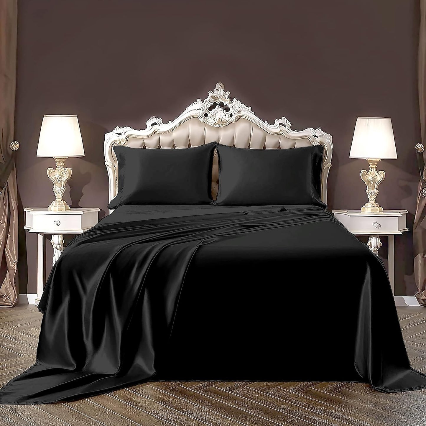 Pure Eco Silk Satin BedSheet Set 4 Piece Full XL Size (54x80)+ 16 Inch Deep Pocket White Color Cooling Soft and Silk Satin Sheets Full XL Size Bedding Set
