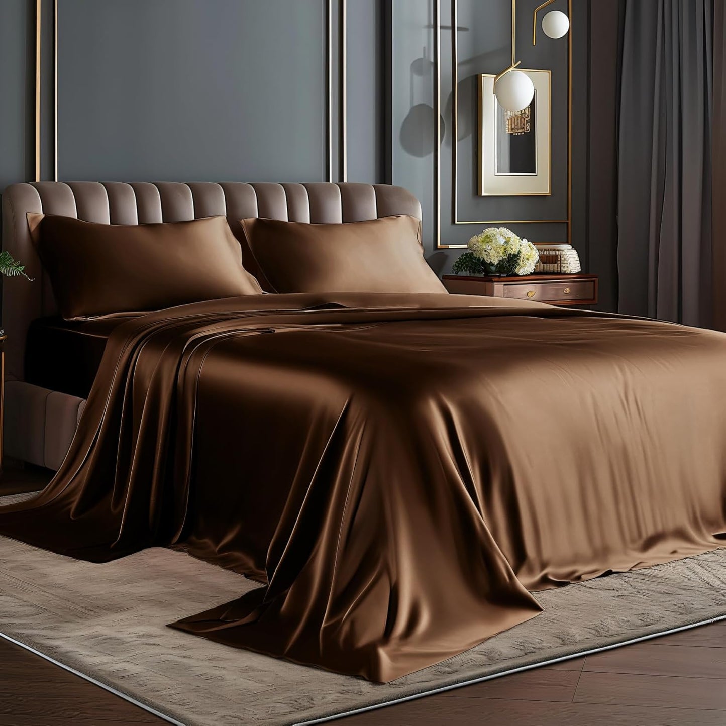 BEDELITE King Size Sheets Set, Luxury Soft Dark Grey Satin Sheets for Hair and Skin, Similar to Silk Bed Sheets Set 4 Pieces with 1 Deep Pocket Fitted Sheet, 1 Flat Sheet, and 2 Pillowcases