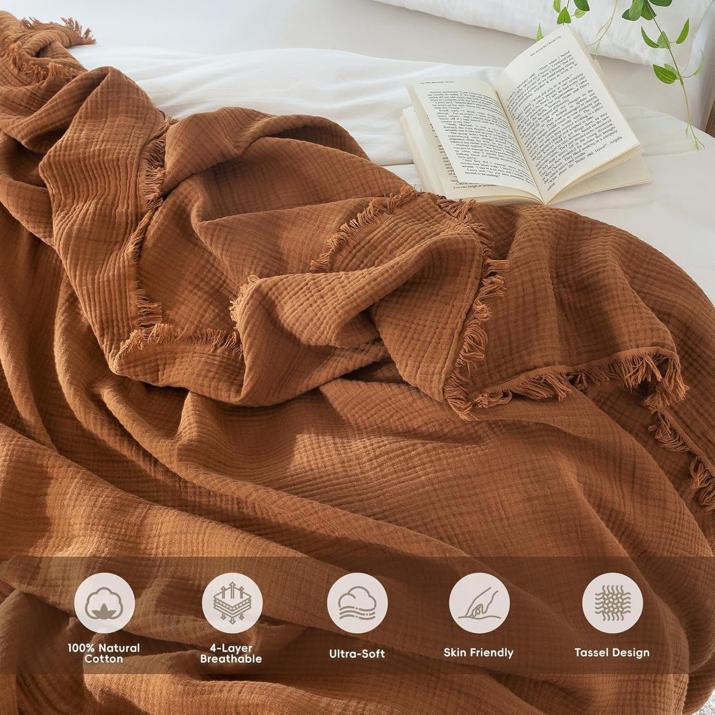 MooMee Muslin Blanket - 100% Cotton 4-Layer Gauze Throw Blanket with All-Around Fringe, Ultra-Soft Breathable Lightweight Cooling Decorative for Bed, Sofa & Couch (Drak Orange,Twin XL 66" x 90")