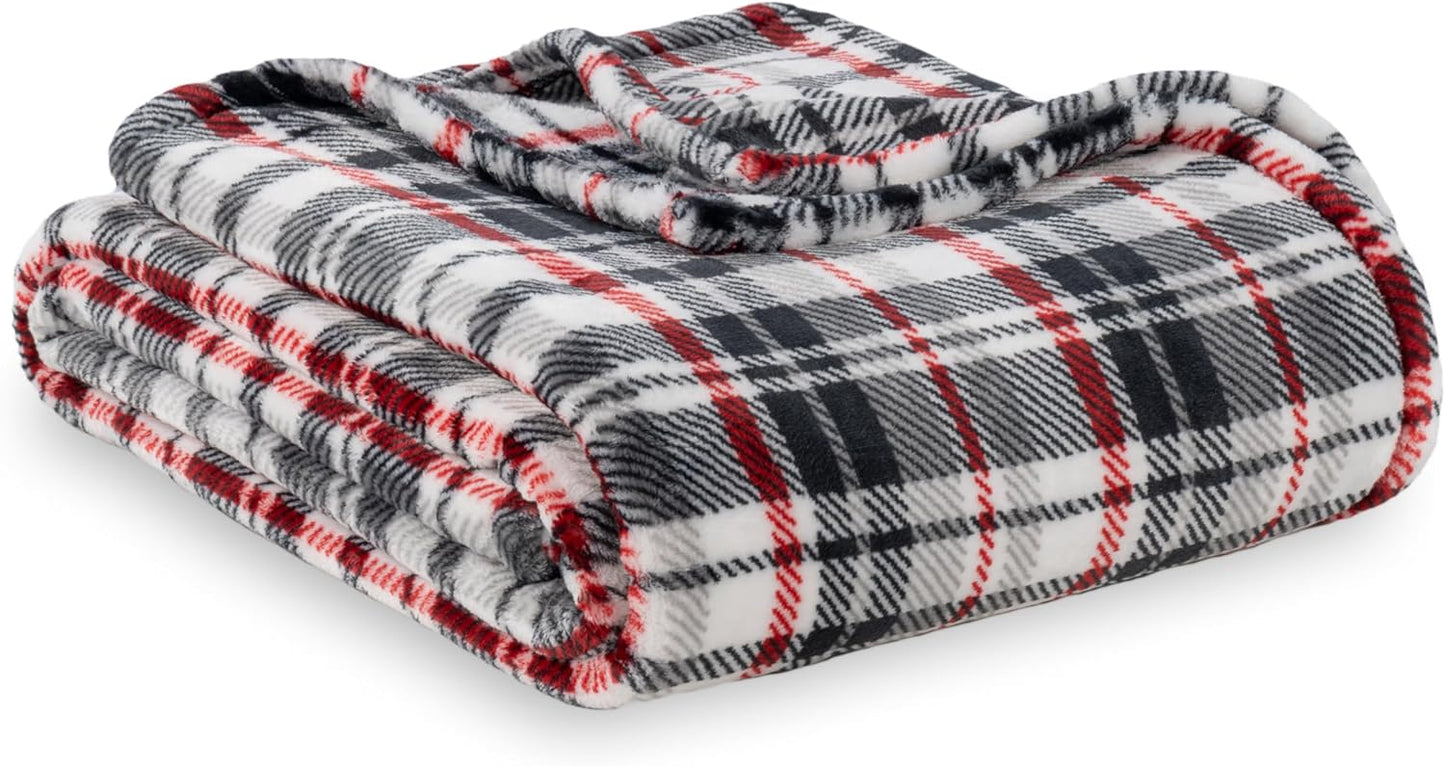 Berkshire Blanket-Classic Heavyweight Soft Printed VelvetLoft® Plush Blanket, Full/Queen Size Soft Fuzzy Warm Blanket for Couch Sofa Bed, Stripe Cream, 90in x 90in