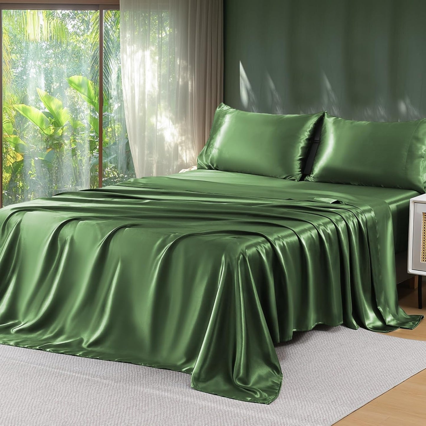 Sasttie Satin Sheets Queen Size - 4 Pieces Luxury Soft Black Silky Bed Sheets Set with Pillowcases - Smooth Silk-Like Satin Fabric, Reinforced 14 Inches Pocket, Oeko-Tex Certified