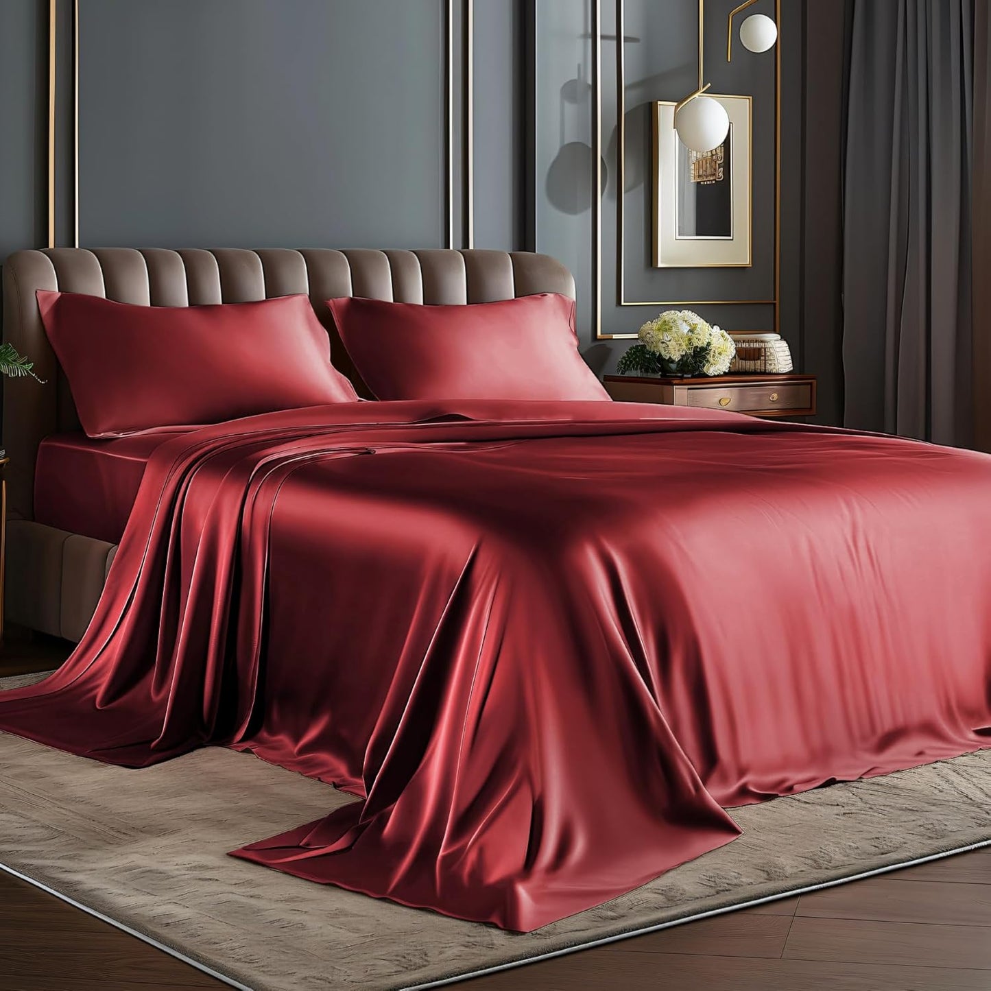 BEDELITE King Size Sheets Set, Luxury Soft Dark Grey Satin Sheets for Hair and Skin, Similar to Silk Bed Sheets Set 4 Pieces with 1 Deep Pocket Fitted Sheet, 1 Flat Sheet, and 2 Pillowcases