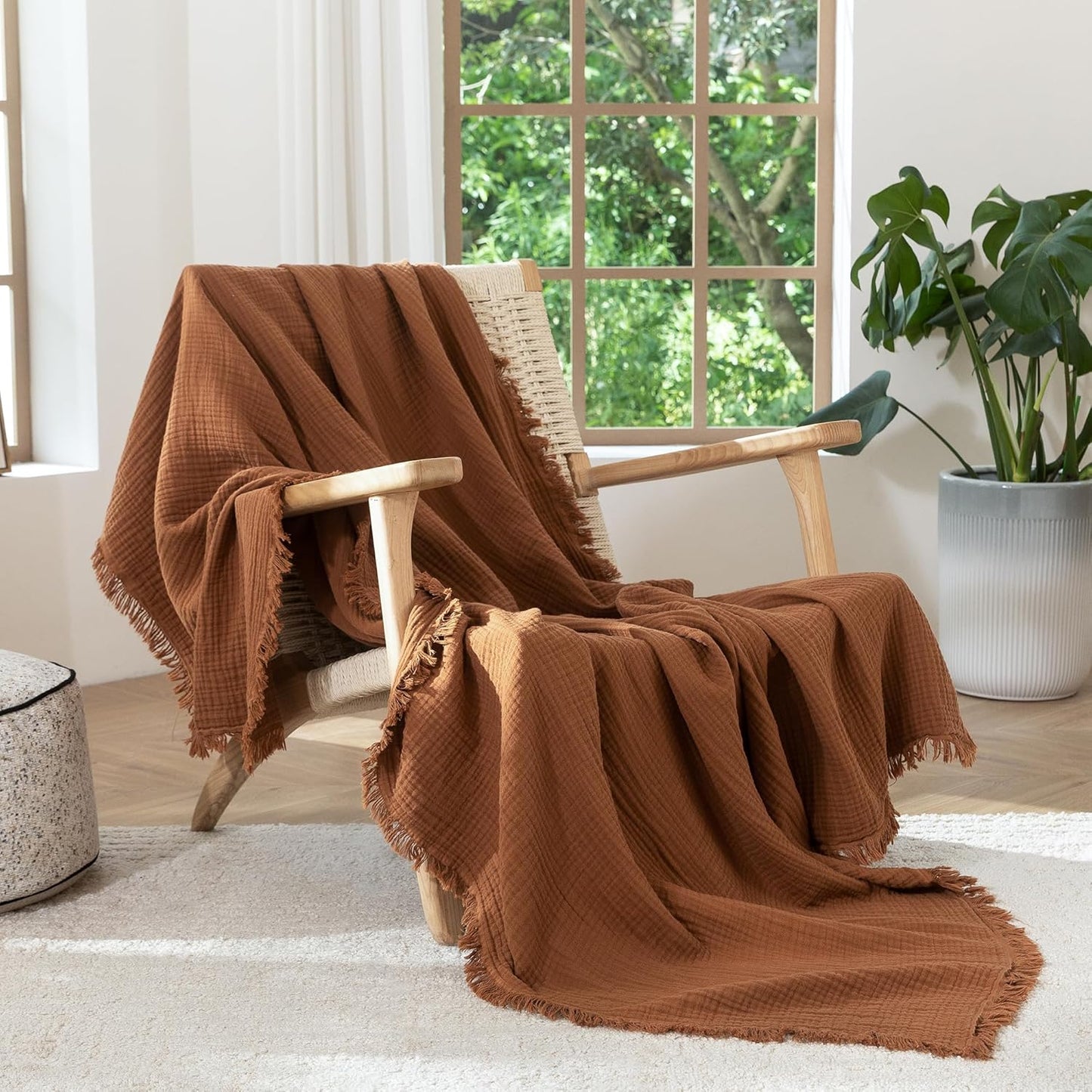 MooMee Muslin Blanket - 100% Cotton 4-Layer Gauze Throw Blanket with All-Around Fringe, Ultra-Soft Breathable Lightweight Cooling Decorative for Bed, Sofa & Couch (Drak Orange,Twin XL 66" x 90")