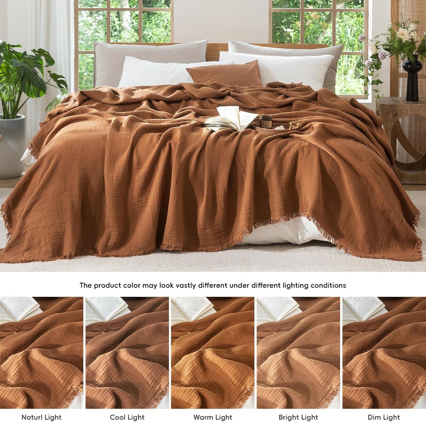 MooMee Muslin Blanket - 100% Cotton 4-Layer Gauze Throw Blanket with All-Around Fringe, Ultra-Soft Breathable Lightweight Cooling Decorative for Bed, Sofa & Couch (Drak Orange,Twin XL 66" x 90")