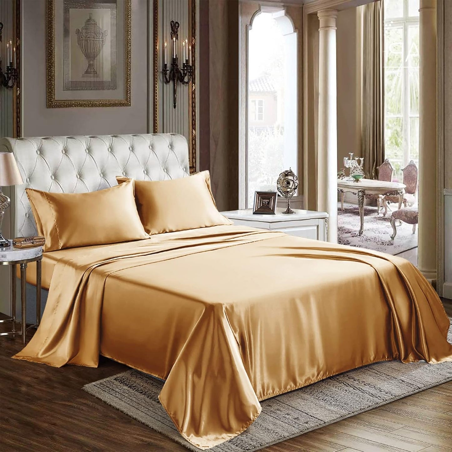 CozyLux Satin Sheets Queen Size - 4 Piece Beige Bed Sheet Set with Silky Microfiber, 1 Deep Pocket Fitted Sheet, 1 Flat Sheet, and 2 Pillowcases - Smooth and Soft