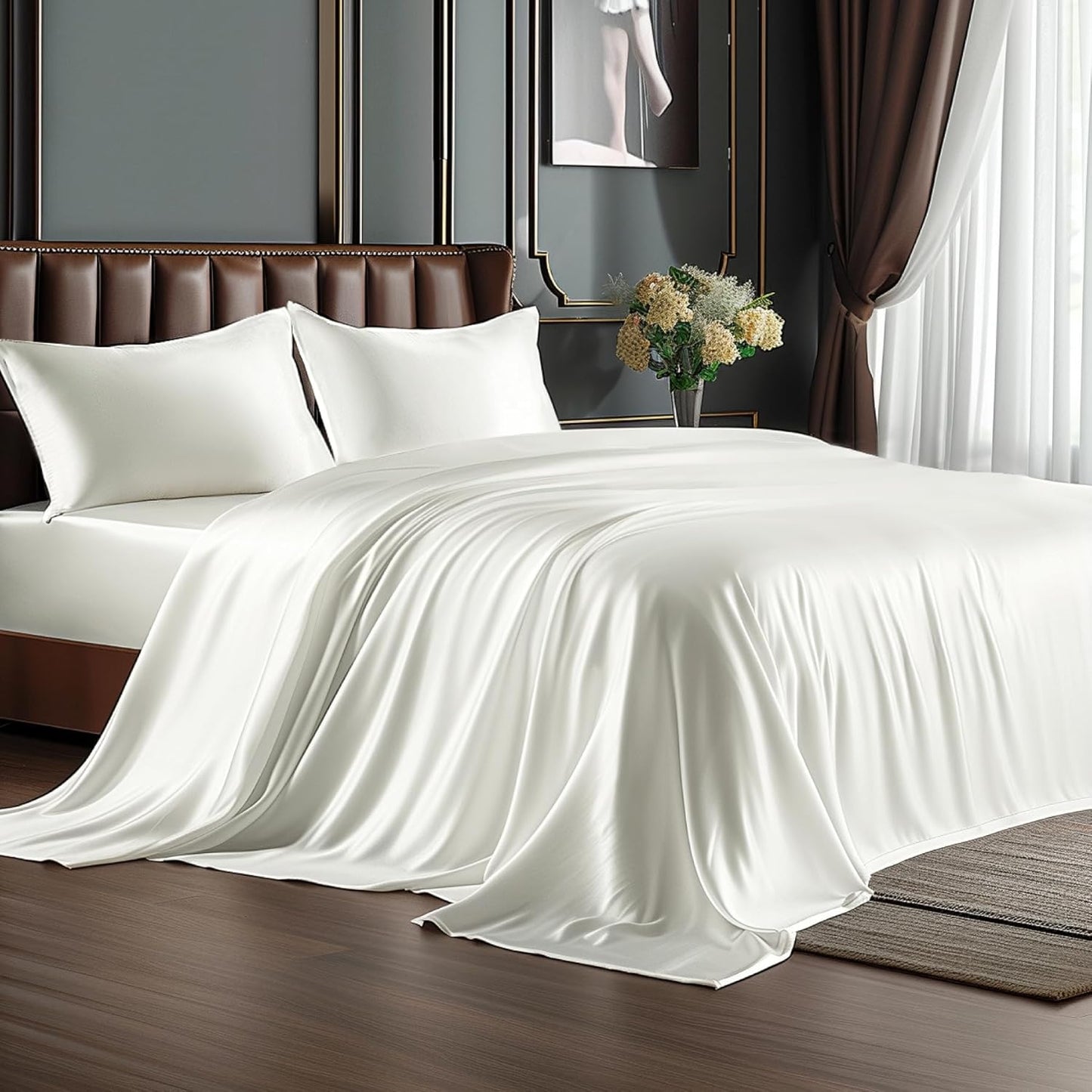 BEDELITE King Size Sheets Set, Luxury Soft Dark Grey Satin Sheets for Hair and Skin, Similar to Silk Bed Sheets Set 4 Pieces with 1 Deep Pocket Fitted Sheet, 1 Flat Sheet, and 2 Pillowcases