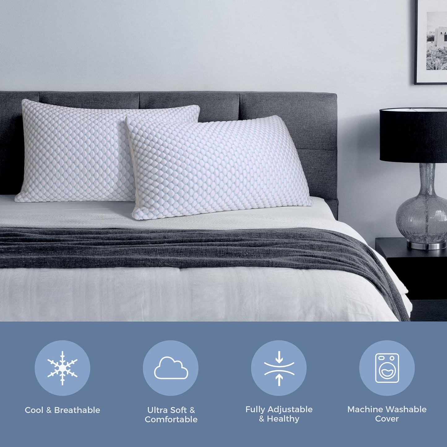 OSBED Cooling Adjustable Shredded Memory Foam Pillows Queen Size Set of 2 - Temperature-Regulating for All Sleepers with Dual Airflow Ventilation(CertiPUR-US & Hypoallergenic & Machine Washable)