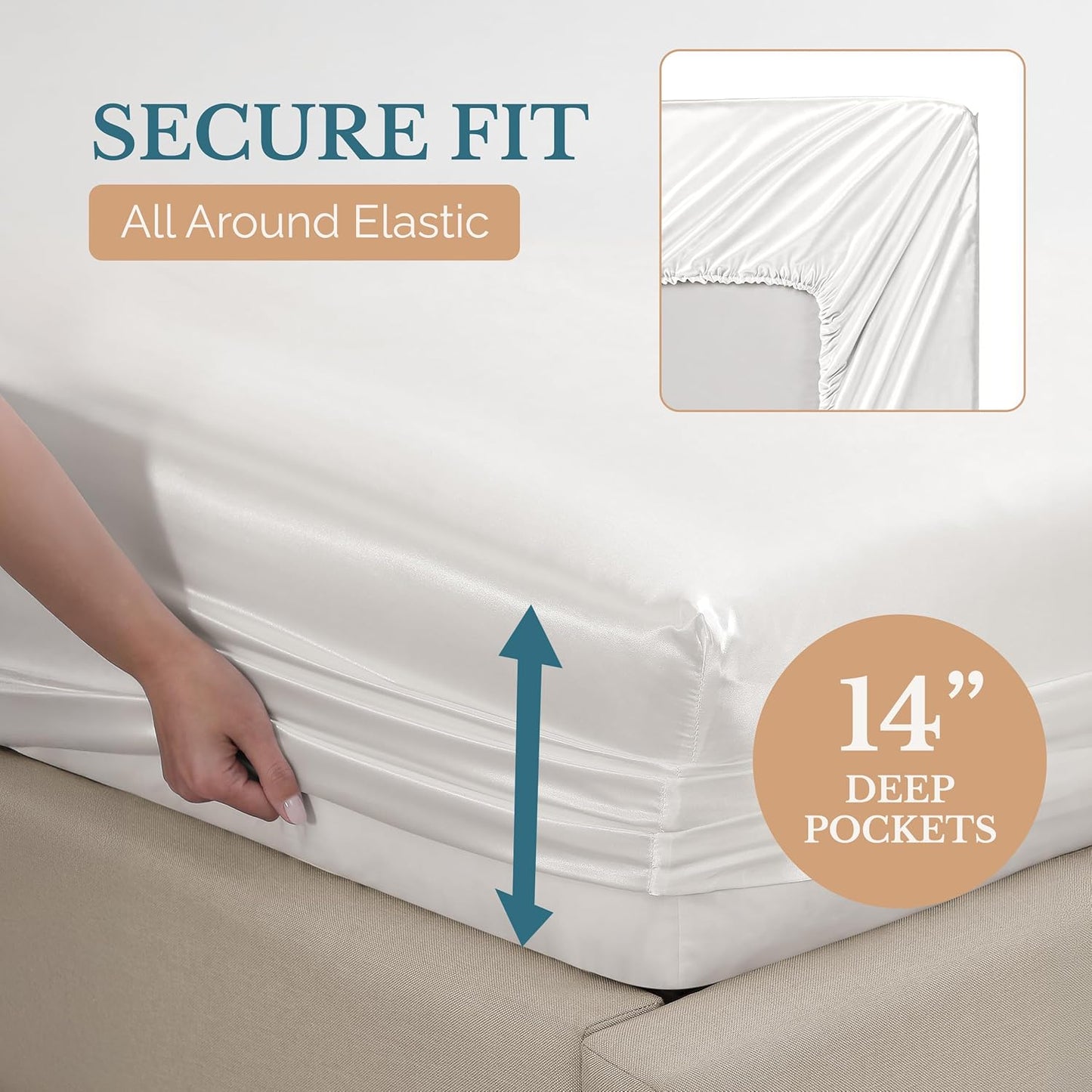 Casa Platino Satin Sheets King Size Set - 4 Pieces - Soft Like Silk - 1 Deep Pocket Fitted Sheet, 1 Flat Sheet & 2 King Pillowcases - Beneficial for Hair & Skin - Wrinke Free - White Bed Sheets Set
