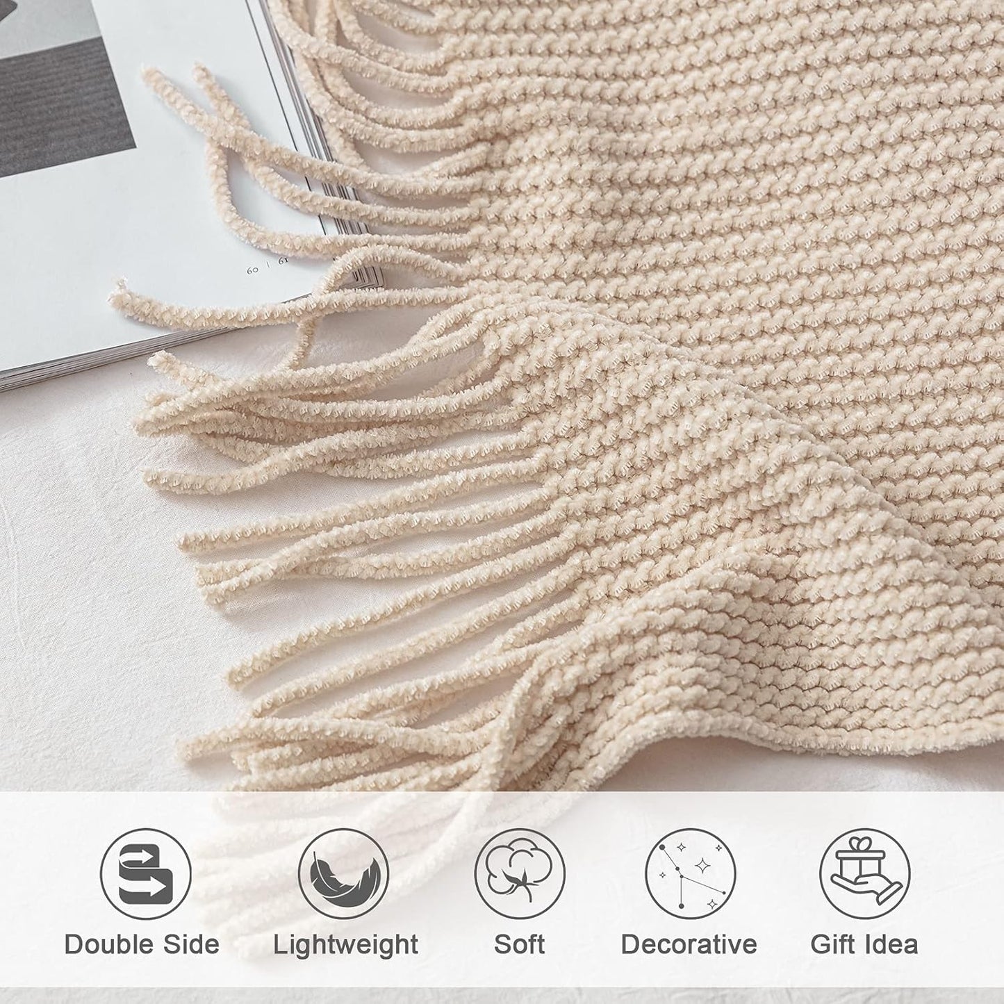 lifein Throw Blanket for Couch, Soft Boho Decor Bed Throw,Cozy White Chenille Knitted Small Farmhouse Lightweight Throw for Spring(White/Cream,50 * 60")