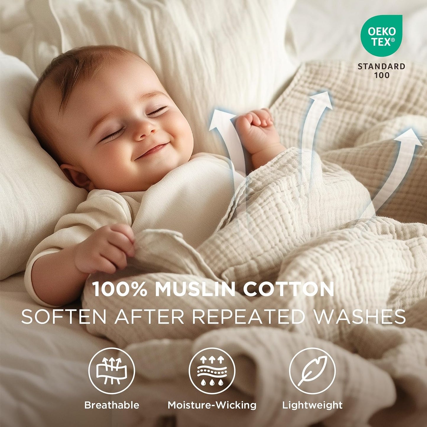 Bedsure 100% Cotton Muslin Throw Blanket Large 50x70 Inches - 4-Layer Breathable and Lightweight Thin Soft Summer Gauze Muslin Blankets for Adults, Linen Beige, Boho Cotton Throw for Couch