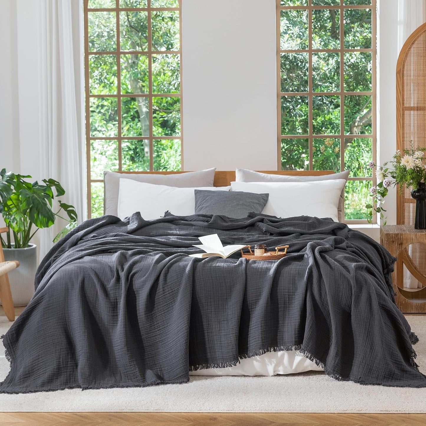 MooMee Muslin Blanket - 100% Cotton 4-Layer Gauze Throw Blanket with All-Around Fringe, Ultra-Soft Breathable Lightweight Cooling Decorative for Bed, Sofa & Couch (Drak Orange,Twin XL 66" x 90")
