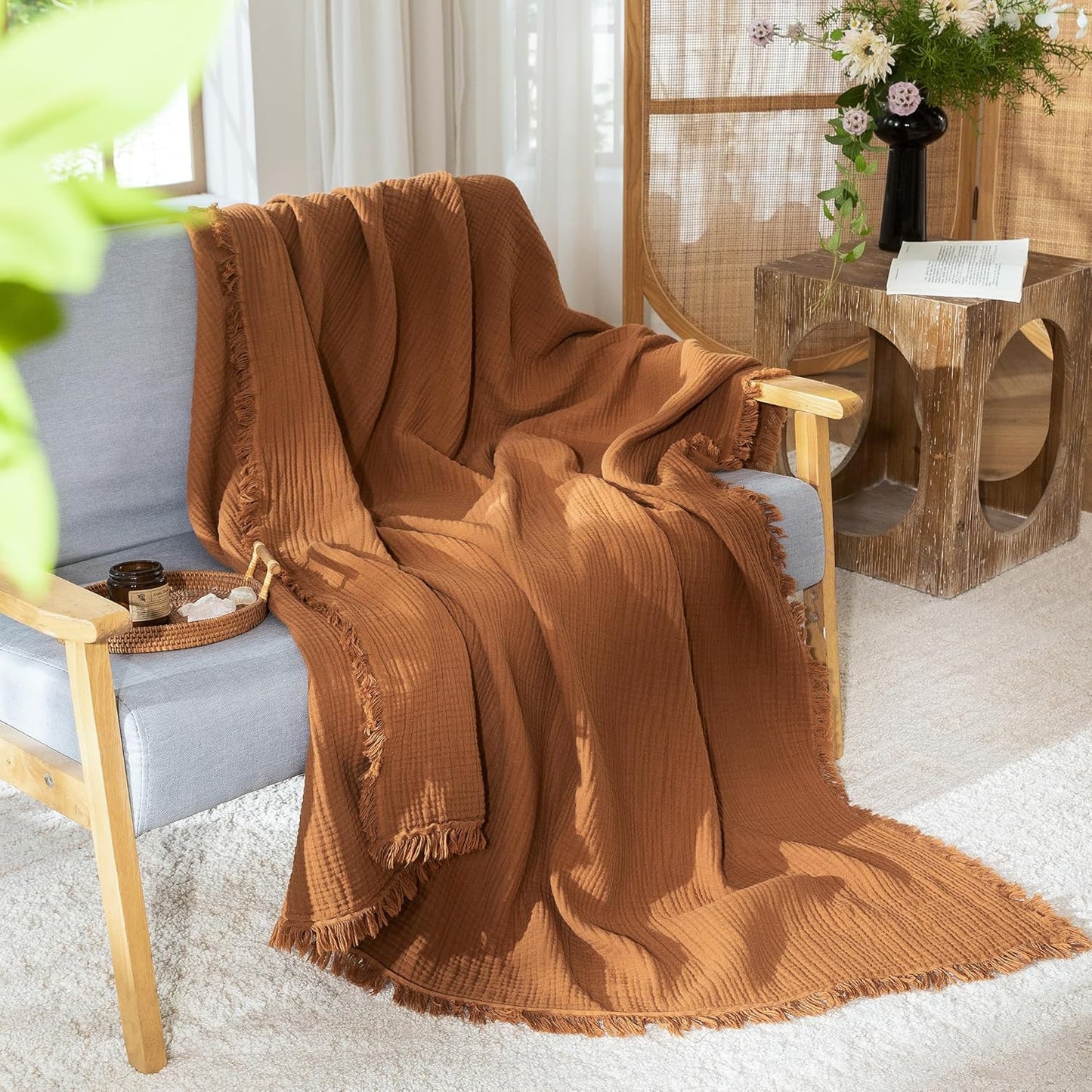 MooMee Muslin Blanket - 100% Cotton 4-Layer Gauze Throw Blanket with All-Around Fringe, Ultra-Soft Breathable Lightweight Cooling Decorative for Bed, Sofa & Couch (Drak Orange,Twin XL 66" x 90")