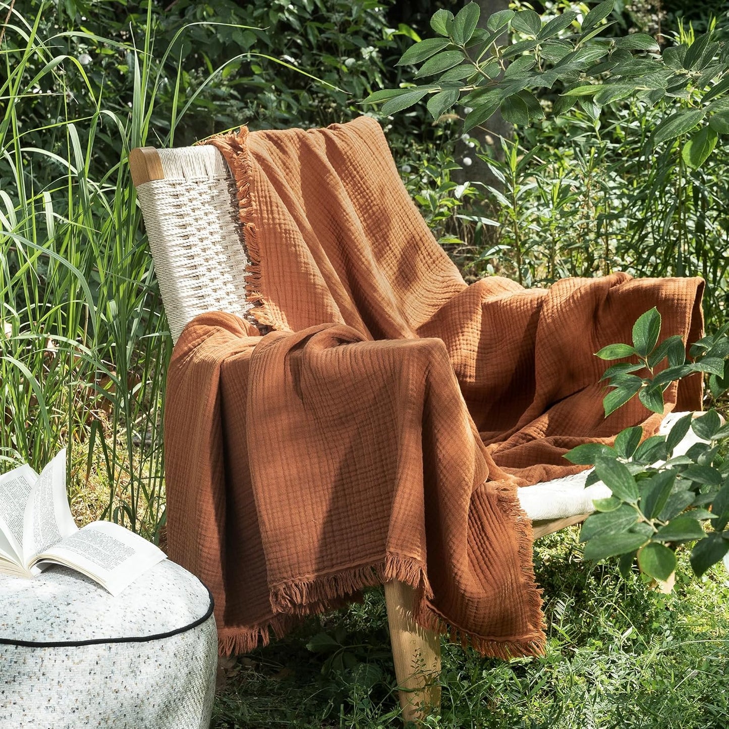 MooMee Muslin Blanket - 100% Cotton 4-Layer Gauze Throw Blanket with All-Around Fringe, Ultra-Soft Breathable Lightweight Cooling Decorative for Bed, Sofa & Couch (Drak Orange,Twin XL 66" x 90")