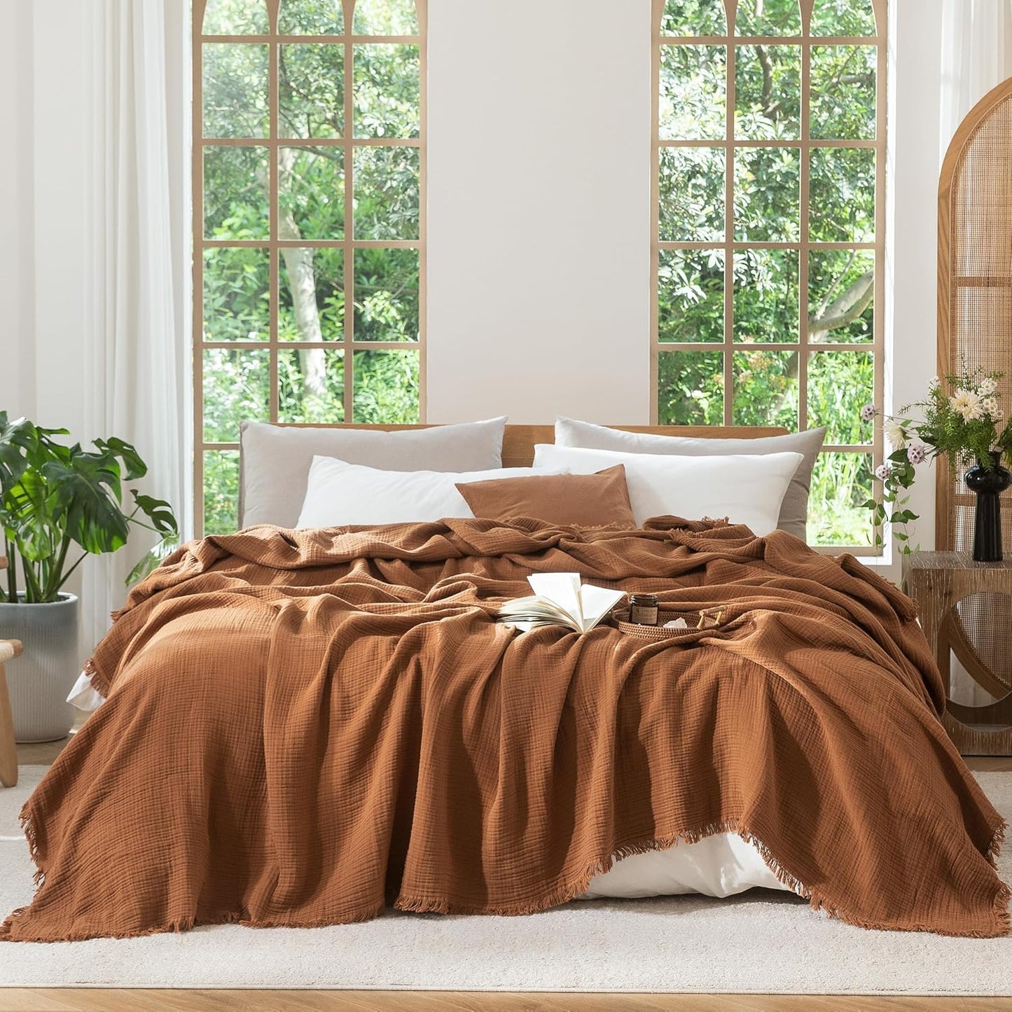 MooMee Muslin Blanket - 100% Cotton 4-Layer Gauze Throw Blanket with All-Around Fringe, Ultra-Soft Breathable Lightweight Cooling Decorative for Bed, Sofa & Couch (Drak Orange,Twin XL 66" x 90")