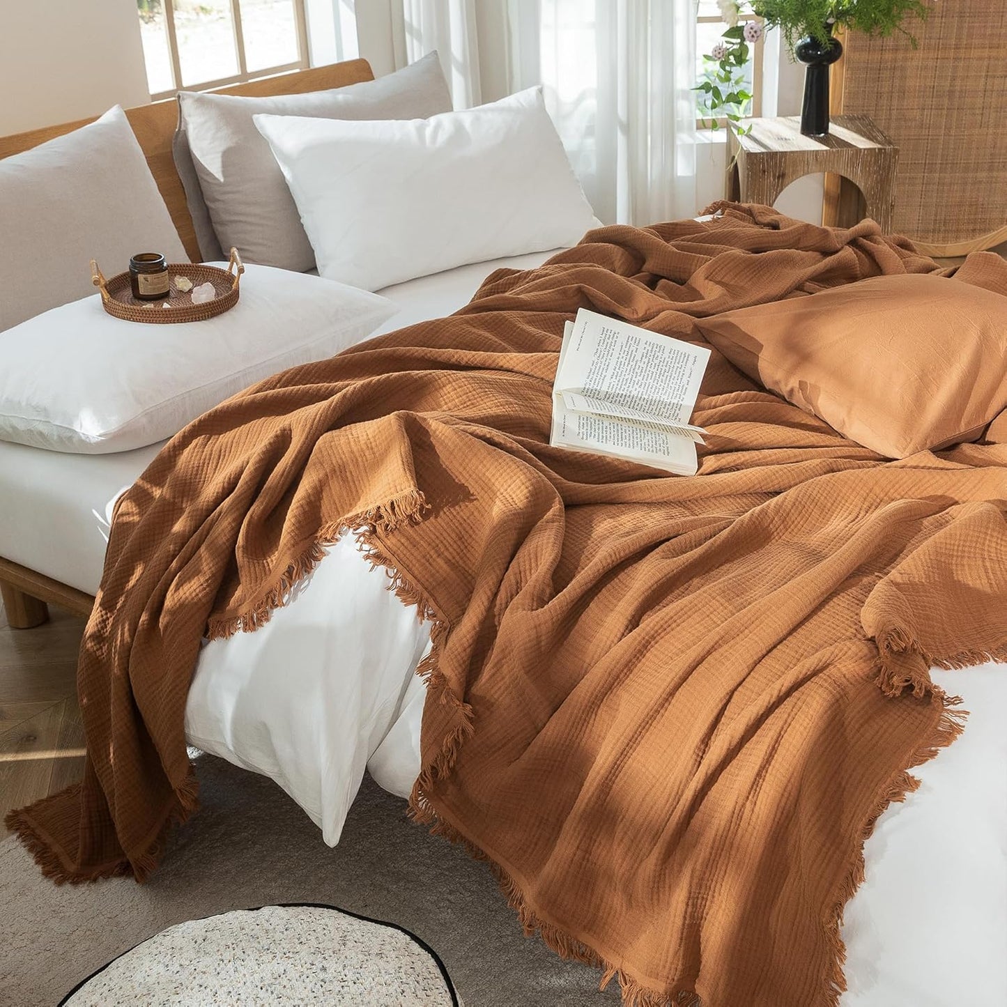 MooMee Muslin Blanket - 100% Cotton 4-Layer Gauze Throw Blanket with All-Around Fringe, Ultra-Soft Breathable Lightweight Cooling Decorative for Bed, Sofa & Couch (Drak Orange,Twin XL 66" x 90")