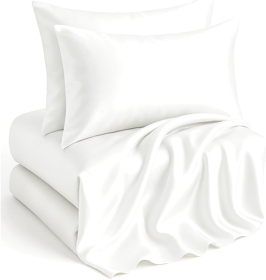 Casa Platino Satin Sheets King Size Set - 4 Pieces - Soft Like Silk - 1 Deep Pocket Fitted Sheet, 1 Flat Sheet & 2 King Pillowcases - Beneficial for Hair & Skin - Wrinke Free - White Bed Sheets Set