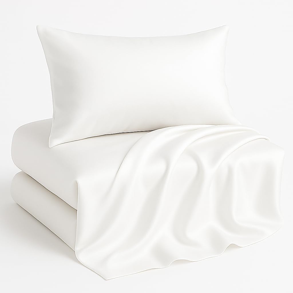 Casa Platino Satin Sheets King Size Set - 4 Pieces - Soft Like Silk - 1 Deep Pocket Fitted Sheet, 1 Flat Sheet & 2 King Pillowcases - Beneficial for Hair & Skin - Wrinke Free - White Bed Sheets Set
