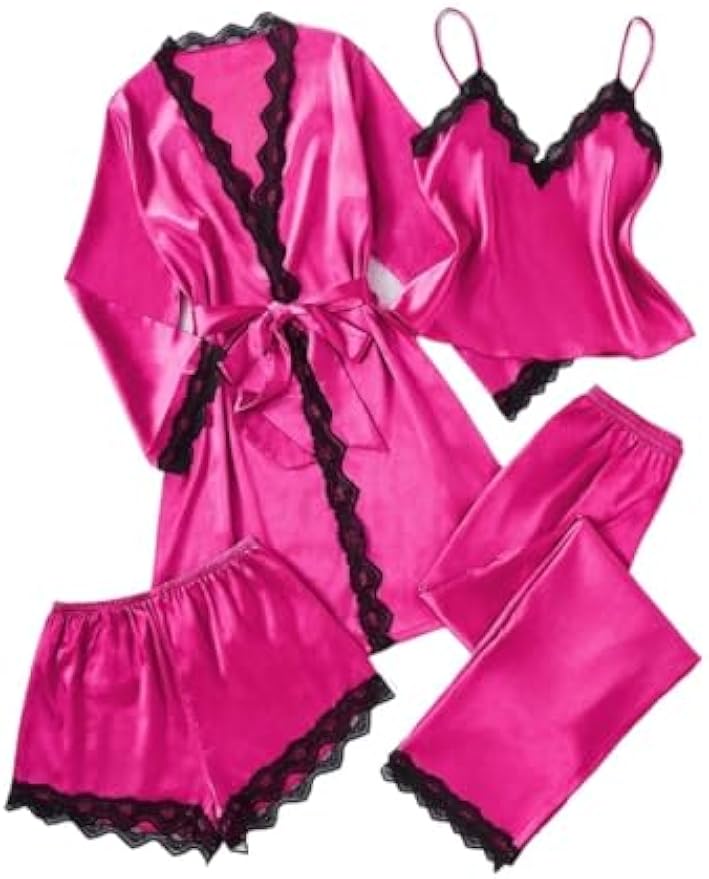 4 Pieces Pajama Set for Women V-neck Vest Robe Pants Shorts Women's Silk Robes Lace Trim Satin Bathrobe Sleepwear