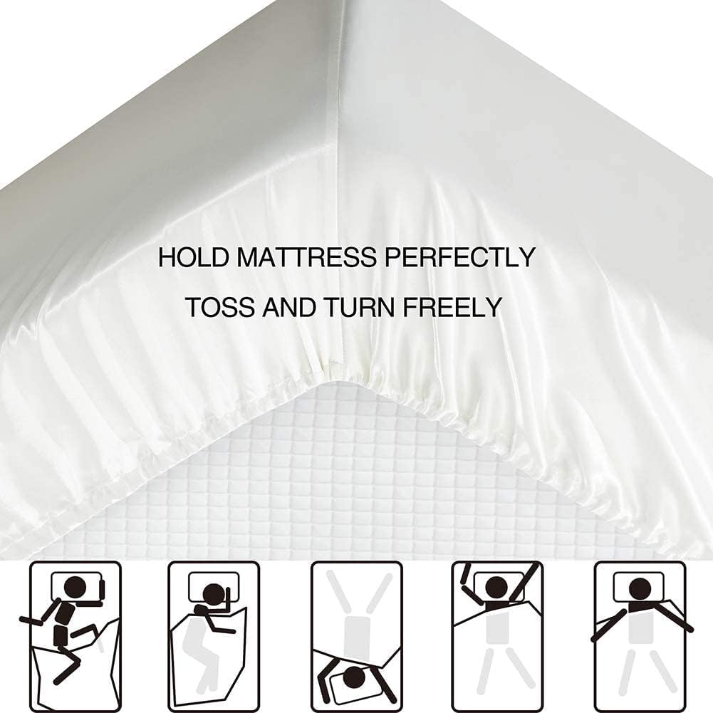 Pure Eco Silk Satin BedSheet Set 4 Piece Full XL Size (54x80)+ 16 Inch Deep Pocket White Color Cooling Soft and Silk Satin Sheets Full XL Size Bedding Set