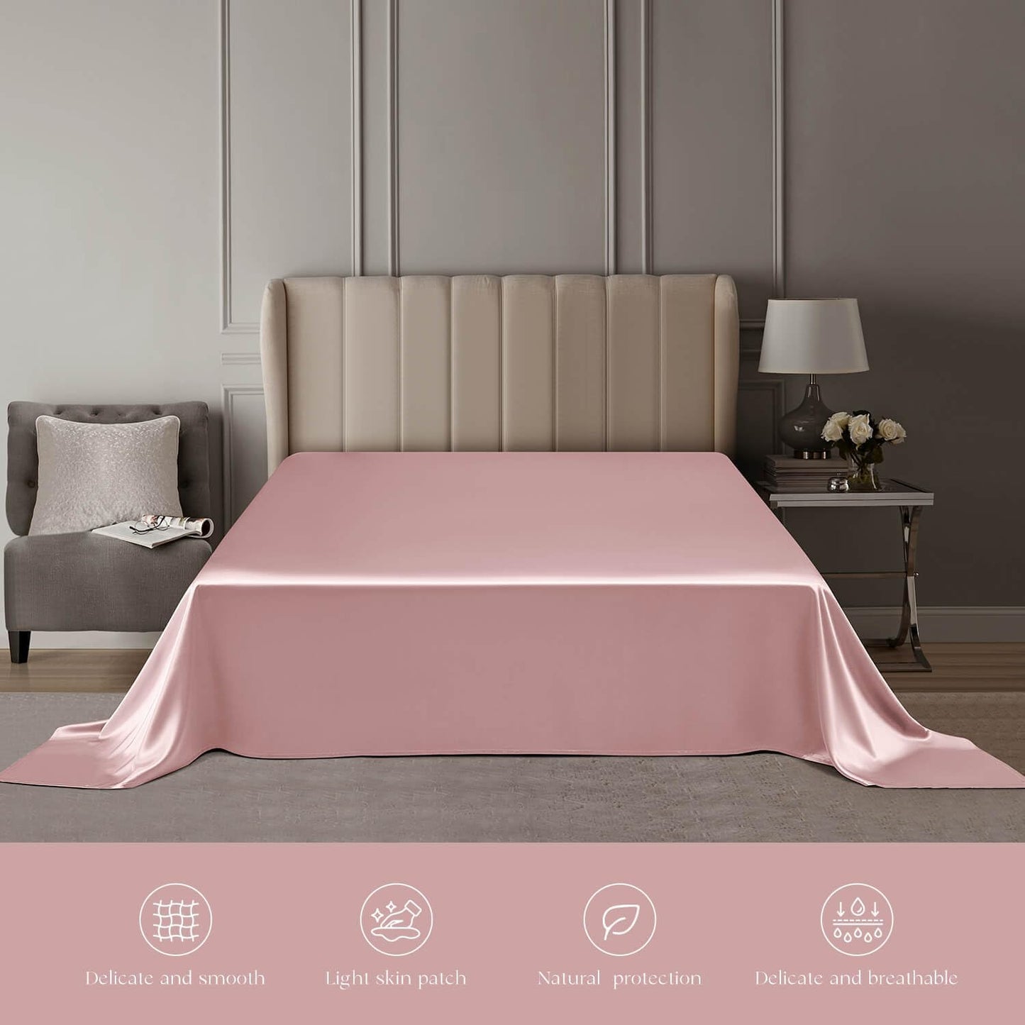 DISANGNI 22 Momme 100% Mulberry Silk Bedding Set - 4-Piece Luxury (2 Pillowcases, 1 Fitted Sheet, 1 Flat Sheet) - 6A Grade Natural Silk (Pink, Queen)