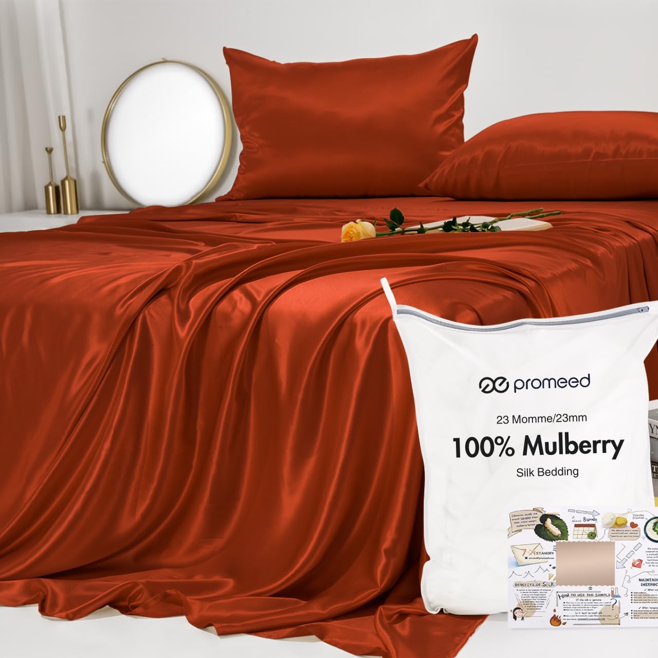 PROMEED Upgraded 23 Momme Pink Silk Sheets Queen Size Set 4 Pieces, Natural Mulberry Silk Cooling Bed Sheets and Pillowcase Sets (Pink, Queen)