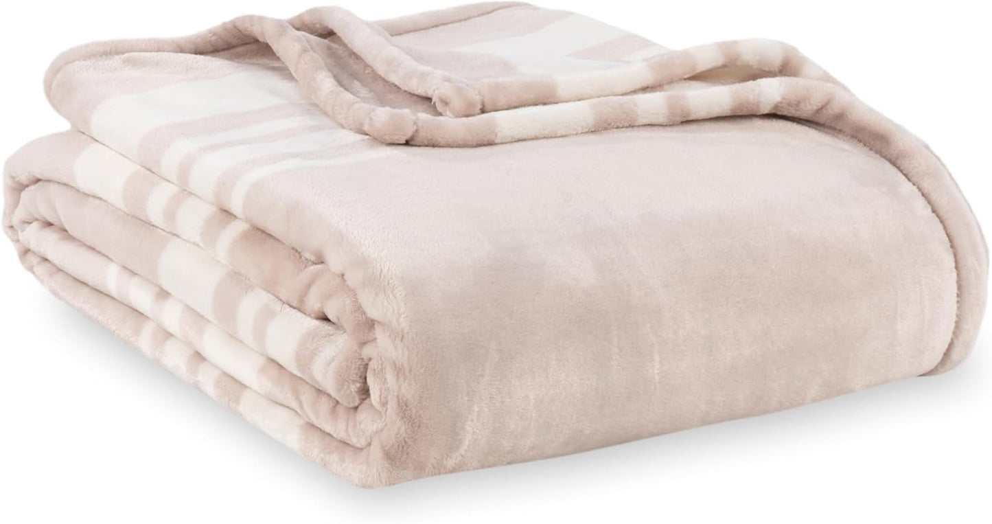 Berkshire Blanket-Classic Heavyweight Soft Printed VelvetLoft® Plush Blanket, Full/Queen Size Soft Fuzzy Warm Blanket for Couch Sofa Bed, Stripe Cream, 90in x 90in