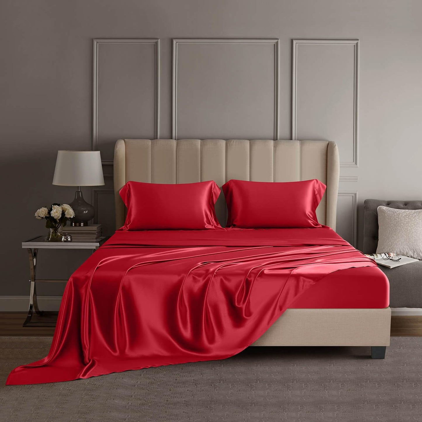 DISANGNI 22 Momme 100% Mulberry Silk Bedding Set - 4-Piece Luxury (2 Pillowcases, 1 Fitted Sheet, 1 Flat Sheet) - 6A Grade Natural Silk (Pink, Queen)