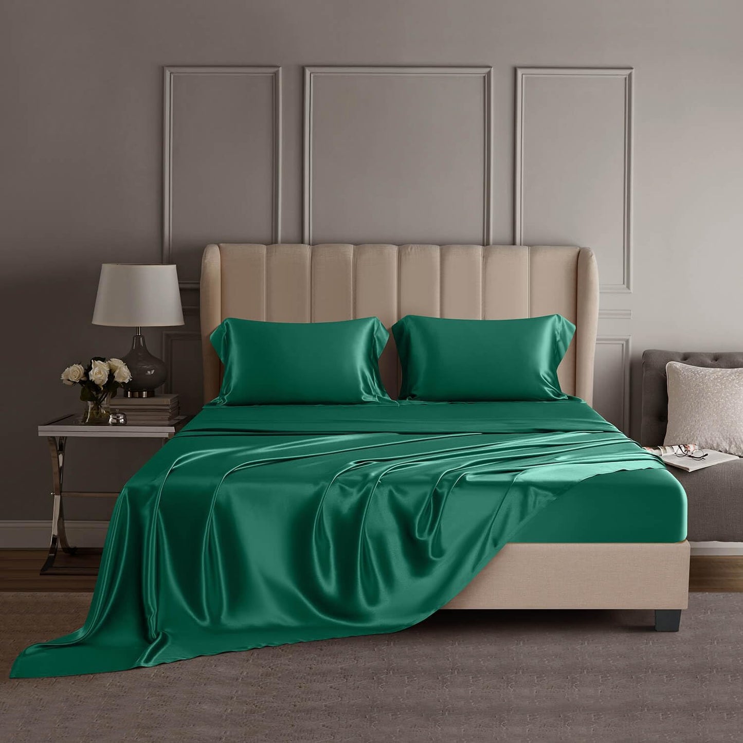 DISANGNI 22 Momme 100% Mulberry Silk Bedding Set - 4-Piece Luxury (2 Pillowcases, 1 Fitted Sheet, 1 Flat Sheet) - 6A Grade Natural Silk (Pink, Queen)