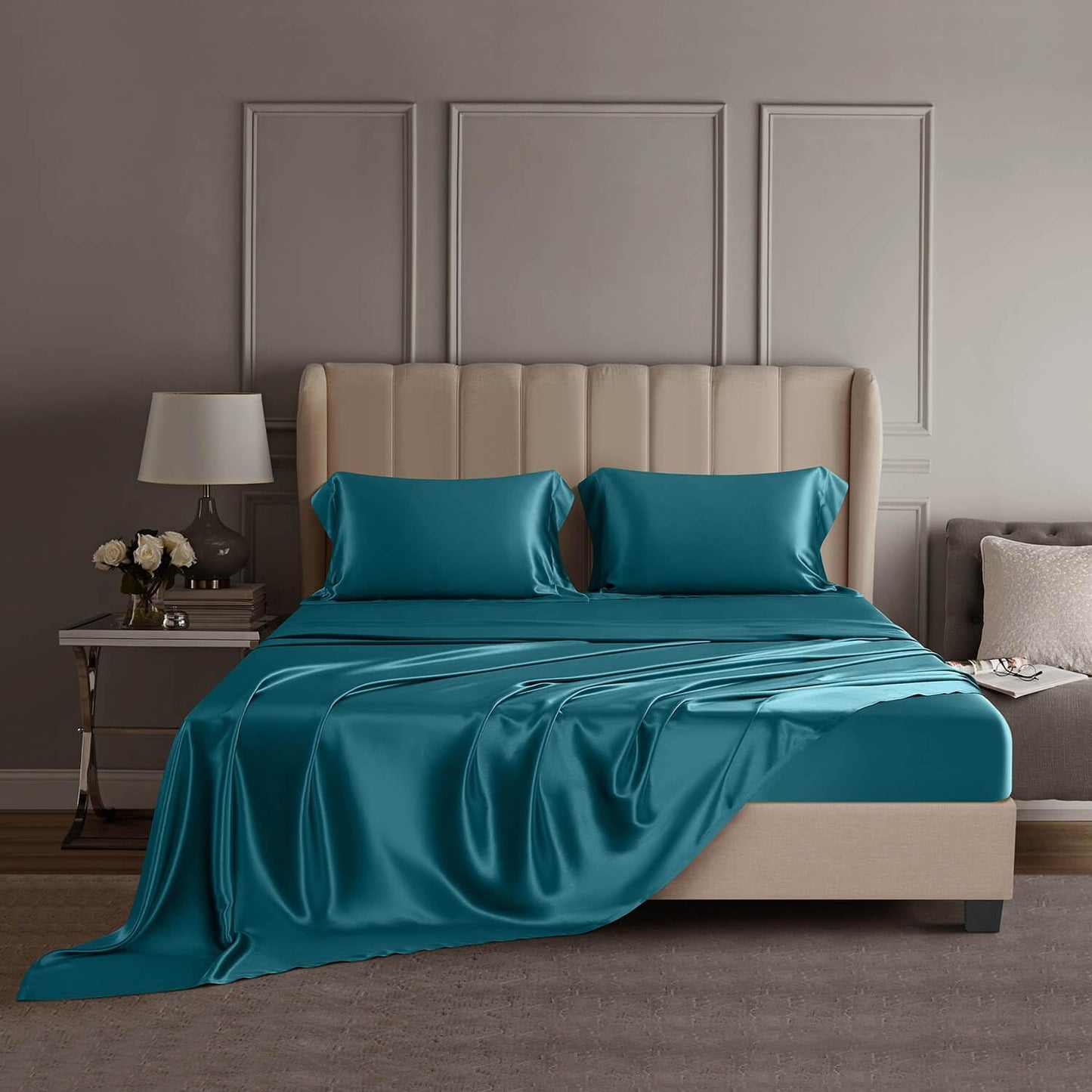 DISANGNI 22 Momme 100% Mulberry Silk Bedding Set - 4-Piece Luxury (2 Pillowcases, 1 Fitted Sheet, 1 Flat Sheet) - 6A Grade Natural Silk (Pink, Queen)