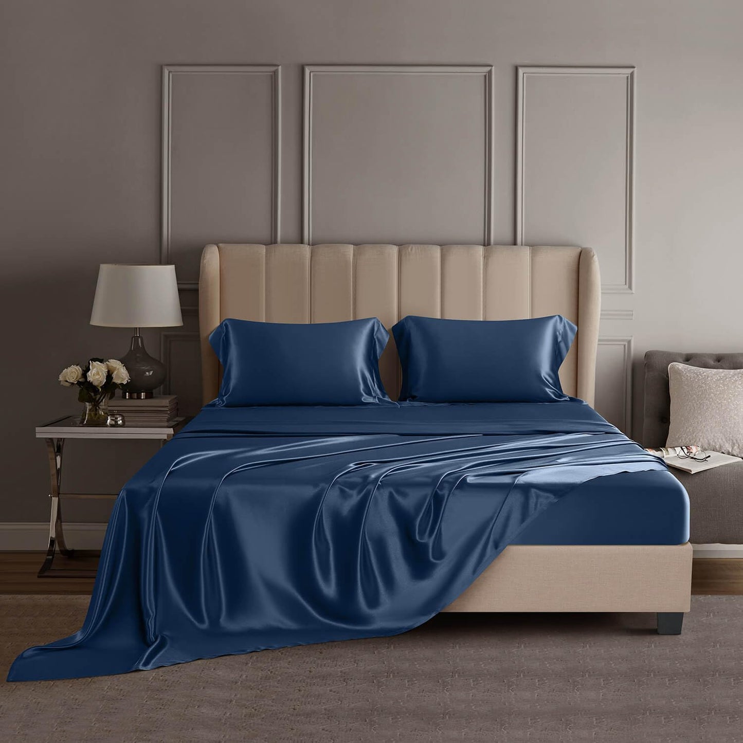 DISANGNI 22 Momme 100% Mulberry Silk Bedding Set - 4-Piece Luxury (2 Pillowcases, 1 Fitted Sheet, 1 Flat Sheet) - 6A Grade Natural Silk (Pink, Queen)