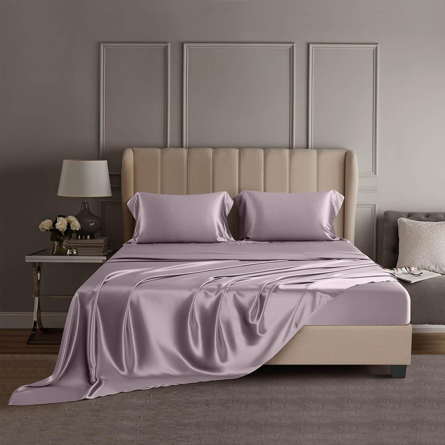 DISANGNI 22 Momme 100% Mulberry Silk Bedding Set - 4-Piece Luxury (2 Pillowcases, 1 Fitted Sheet, 1 Flat Sheet) - 6A Grade Natural Silk (Pink, Queen)