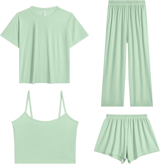 Women's Pajamas Set - Ice Silk Four-Piece Pajama Set Sexy Pajamas Loungewear