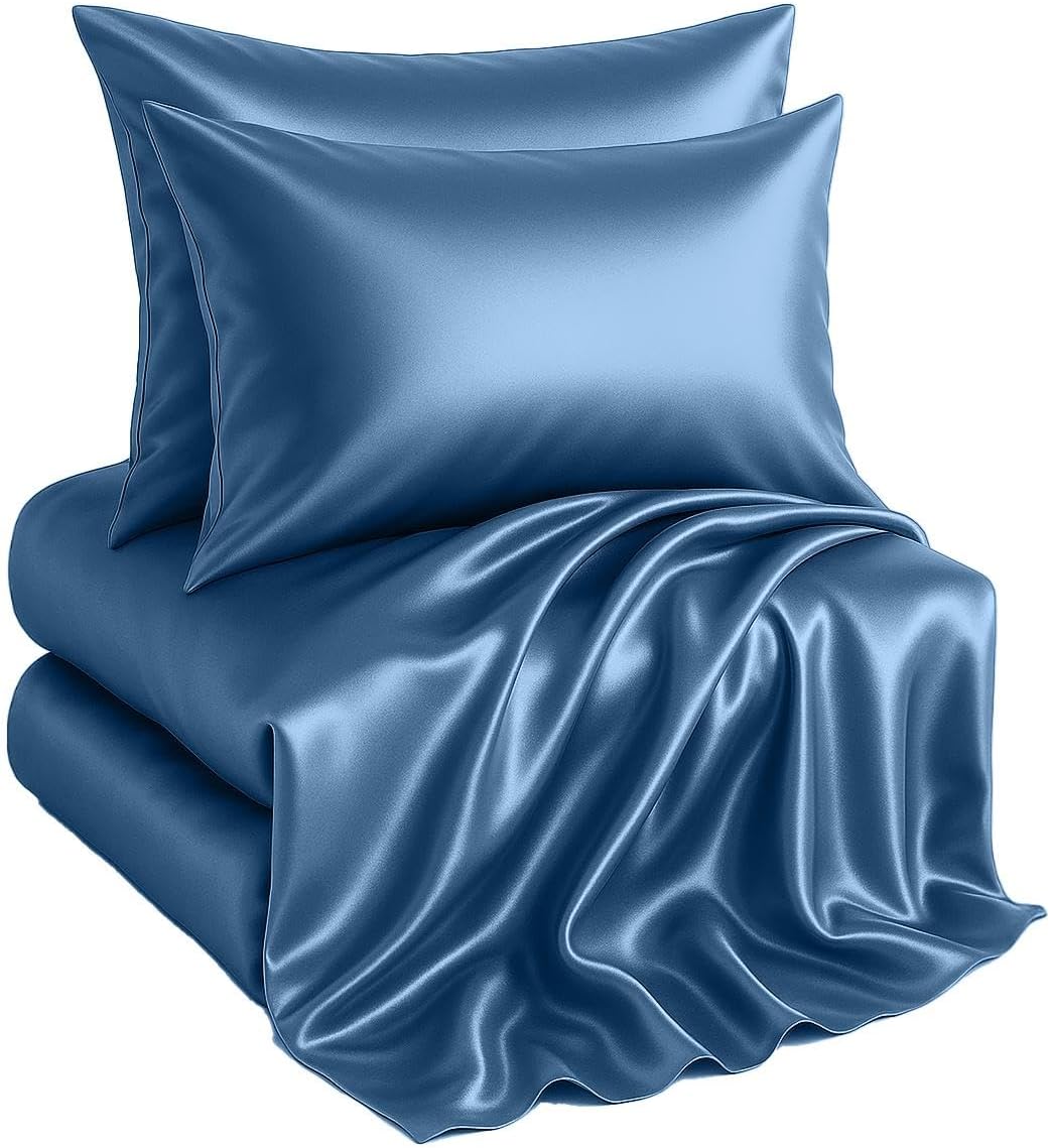 Casa Platino Satin Sheets King Size Set - 4 Pieces - Soft Like Silk - 1 Deep Pocket Fitted Sheet, 1 Flat Sheet & 2 King Pillowcases - Beneficial for Hair & Skin - Wrinke Free - White Bed Sheets Set