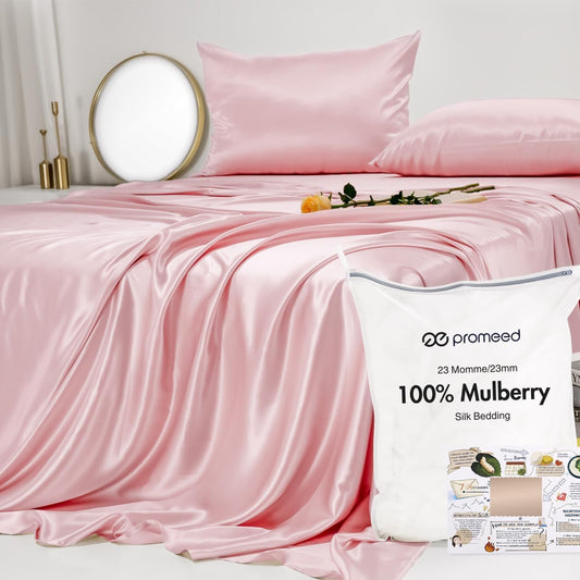 PROMEED Upgraded 23 Momme Pink Silk Sheets Queen Size Set 4 Pieces, Natural Mulberry Silk Cooling Bed Sheets and Pillowcase Sets (Pink, Queen)