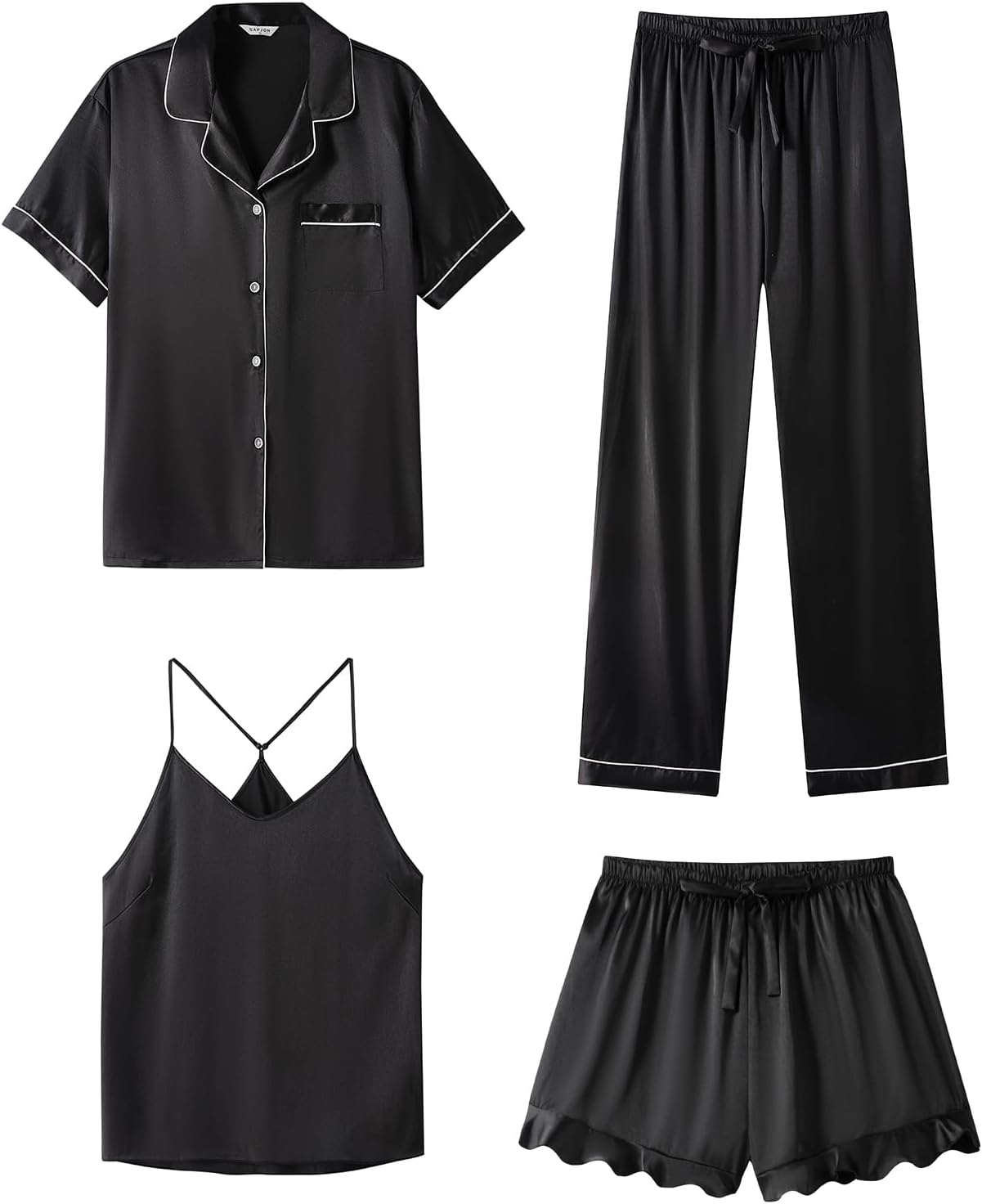 SAPJON Silk Pajamas for Women Set 4Pcs Ruffled Satin Pajamas Set Button Down Short Sleeve Cami Shorts Sleepwear Pj Set