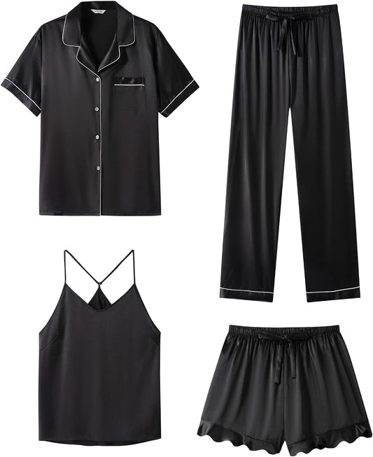 SAPJON Silk Pajamas for Women Set 4Pcs Ruffled Satin Pajamas Set Button Down Short Sleeve Cami Shorts Sleepwear Pj Set