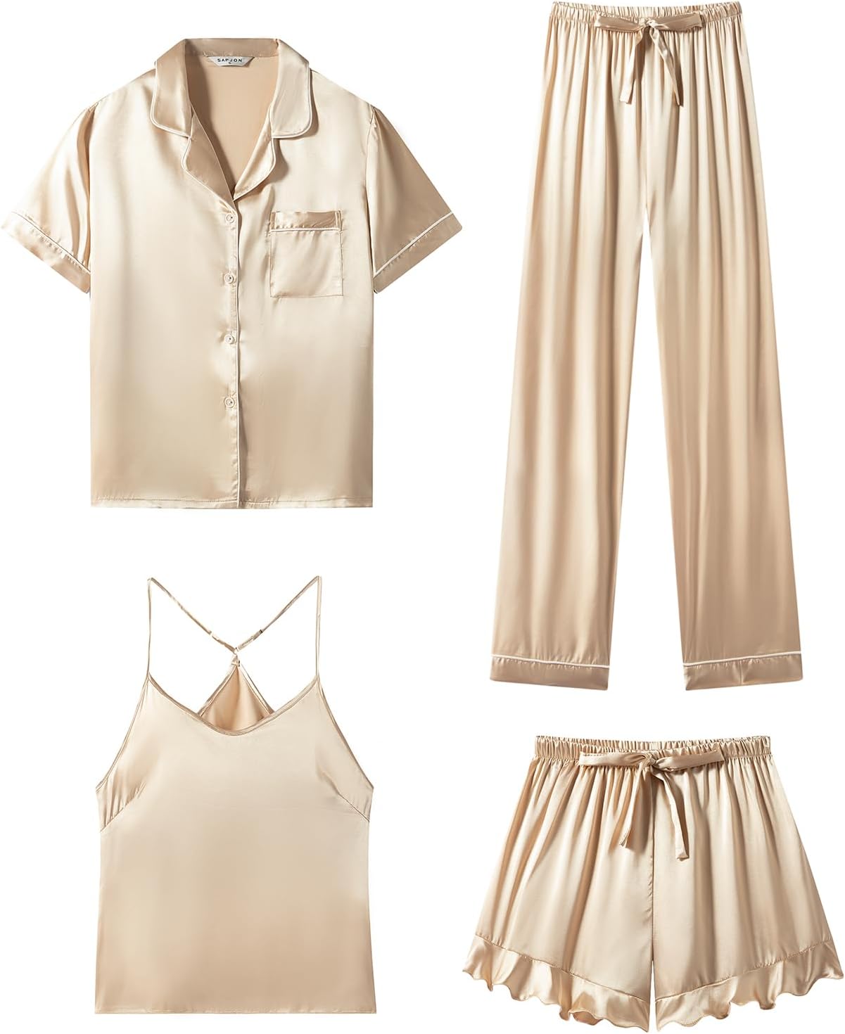 SAPJON Silk Pajamas for Women Set 4Pcs Ruffled Satin Pajamas Set Button Down Short Sleeve Cami Shorts Sleepwear Pj Set