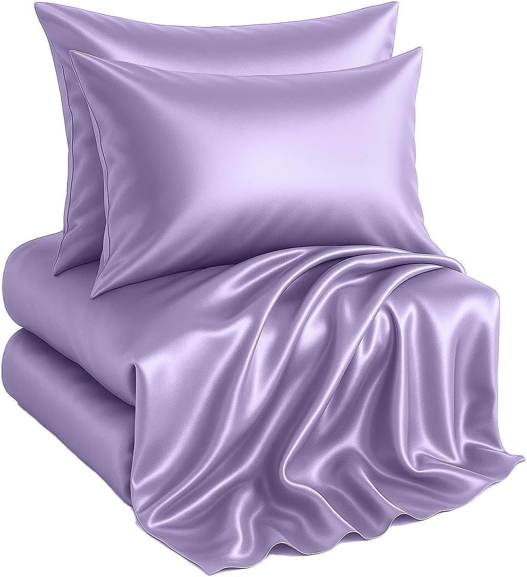 Casa Platino Satin Sheets King Size Set - 4 Pieces - Soft Like Silk - 1 Deep Pocket Fitted Sheet, 1 Flat Sheet & 2 King Pillowcases - Beneficial for Hair & Skin - Wrinke Free - White Bed Sheets Set