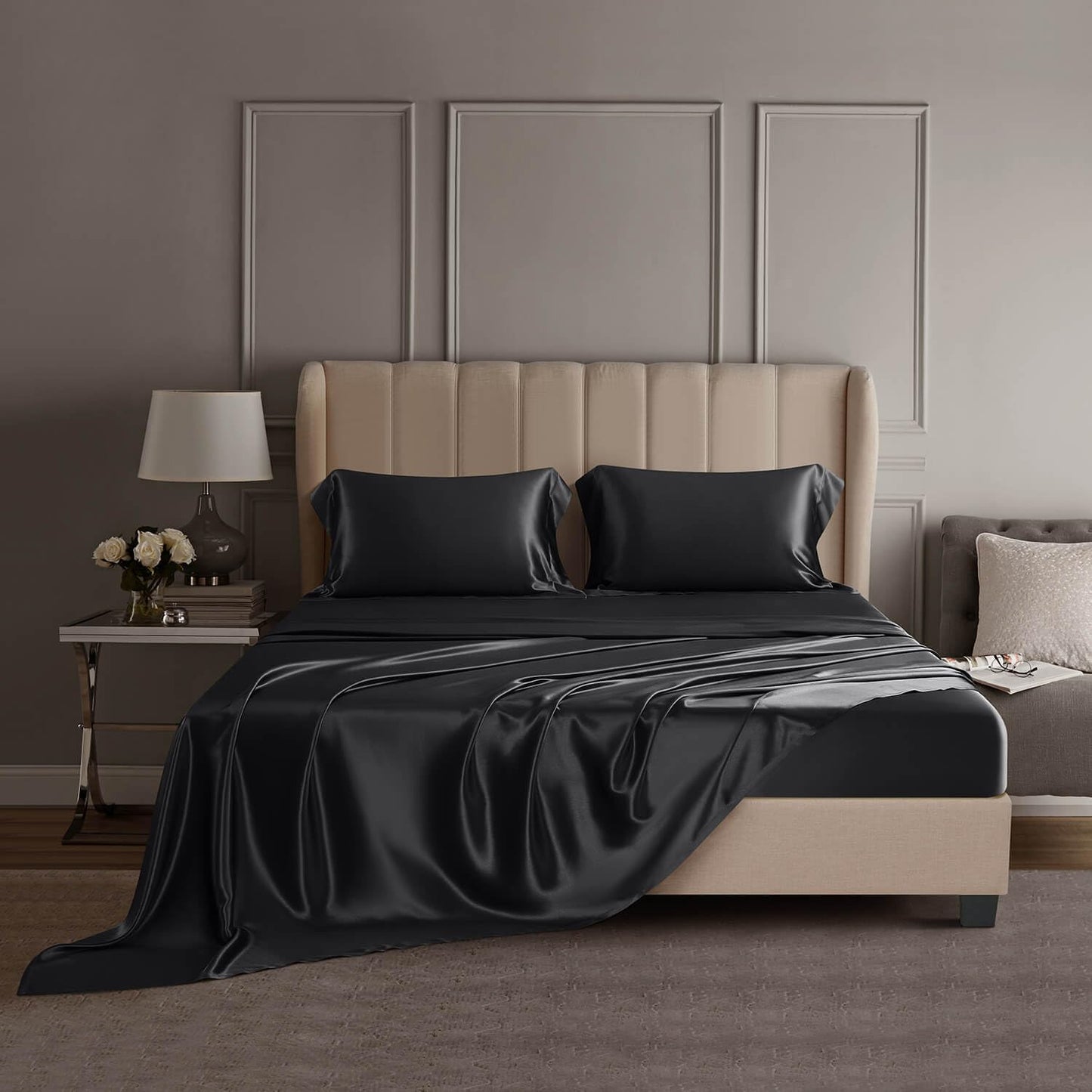 DISANGNI 22 Momme 100% Mulberry Silk Bedding Set - 4-Piece Luxury (2 Pillowcases, 1 Fitted Sheet, 1 Flat Sheet) - 6A Grade Natural Silk (Pink, Queen)
