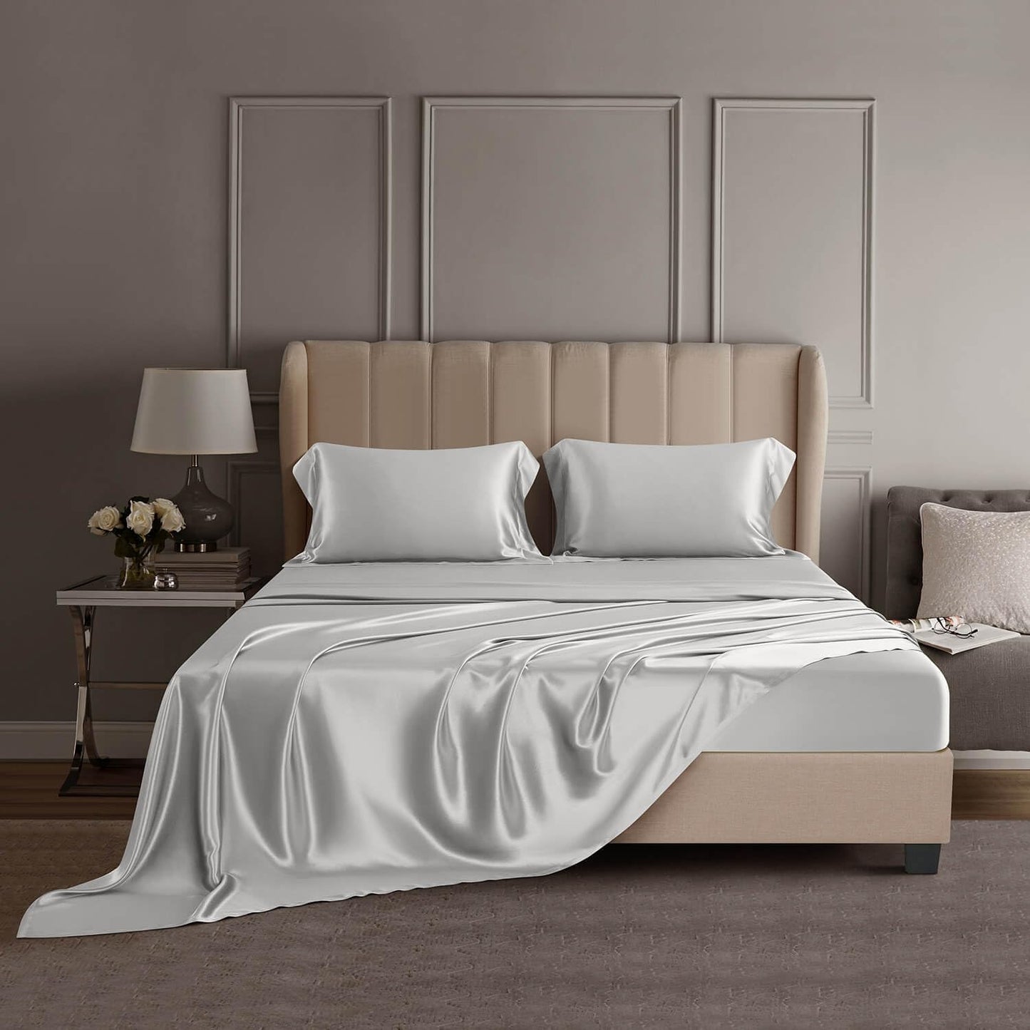 DISANGNI 22 Momme 100% Mulberry Silk Bedding Set - 4-Piece Luxury (2 Pillowcases, 1 Fitted Sheet, 1 Flat Sheet) - 6A Grade Natural Silk (Pink, Queen)
