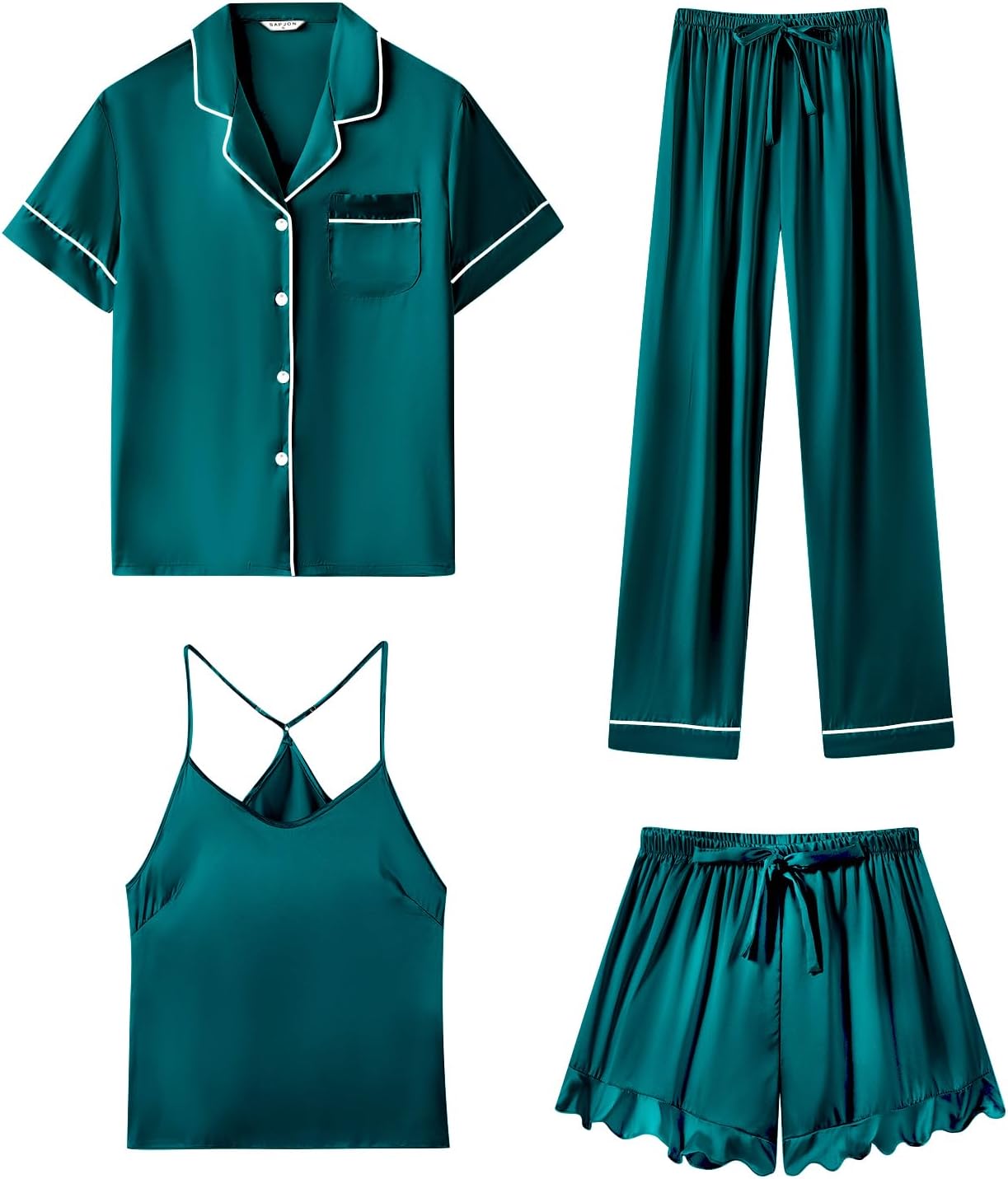 SAPJON Silk Pajamas for Women Set 4Pcs Ruffled Satin Pajamas Set Button Down Short Sleeve Cami Shorts Sleepwear Pj Set