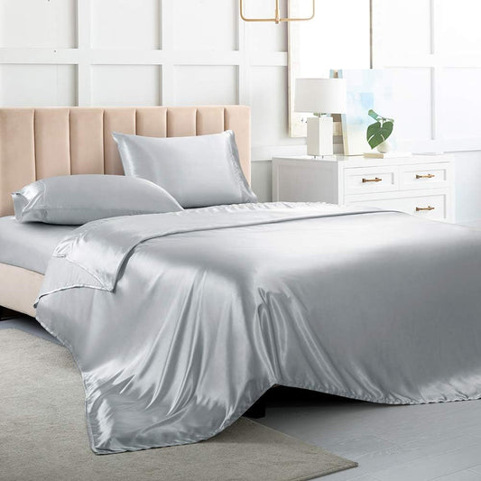 Satin Bed Sheets King Size Sheets, Silver Grey Silk Sheets, 4 - Pieces Soft Bedding Set with 1 Deep Pocket Fitted Sheet,1 Flat Sheet,2 Pillowcase