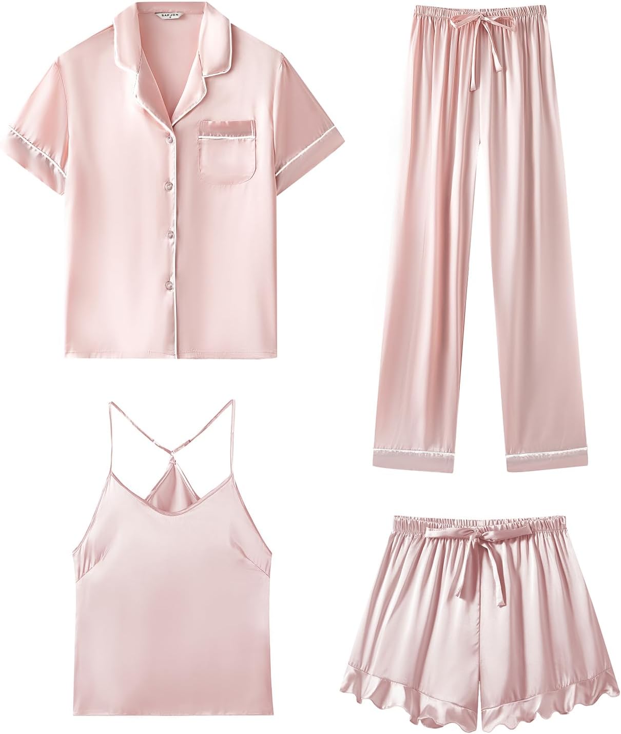 SAPJON Silk Pajamas for Women Set 4Pcs Ruffled Satin Pajamas Set Button Down Short Sleeve Cami Shorts Sleepwear Pj Set